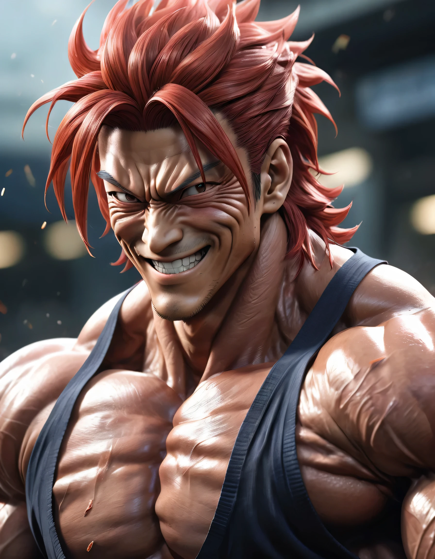 "(best quality, 8K, ultra-detailed, realistic:1.2), portrait, Yujiro Hanma, muscular, serene, smiling, detailed, red hair, tough, intimidating, powerful, showcasing his strength"