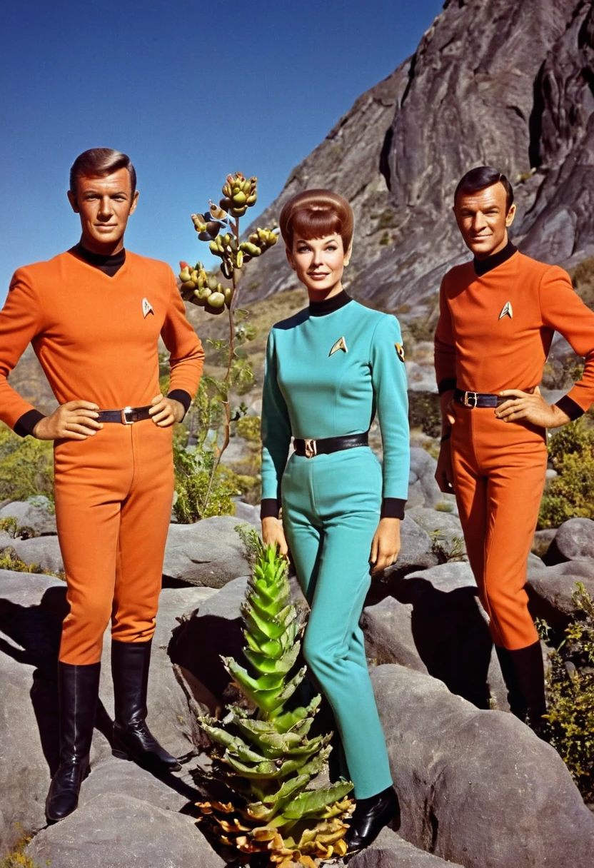 Crew of an old starship from a 1960s TV series on a rustic, picturesque planet, lost in space, with scenic plants and rocks, republic series, Programa de TV de Irwin Allen, Science fiction, Uniformes de acampamento coloridos estilo Star Trek e Lost in Space, retro look, vintage, estilo antigo, ROSTOS PERFEITOS tipo atores dos anos de 1960, ((ROSTOS PERFEITOS)), large very colorful scenery, cogumelos gigantes, alien plants, ((ROSTOS PERFEITOS)), include an alien in the crew, rostos melhorados, alienogen, robot, Planeta Extraterrestre, TV studio lighting, fake scenario, put an alien in the scene, colocar um robot em cena