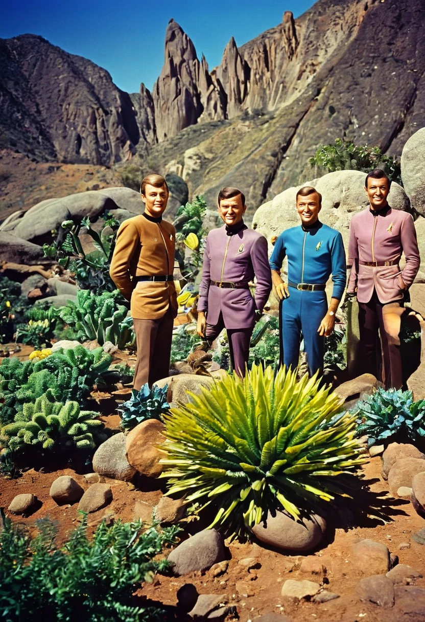 Crew of an old starship from a 1950s TV series in a rustic, planeta pitoresco, lost in space, with scenic plants and rocks, republic series, Programa de TV de Irwin Allen, Science fiction, Uniformes de acampamento coloridos estilo Star Trek e Lost in Space, retro look, vintage, estilo antigo, rostos perfeitos tipo atores dos anos de 1960, ((ROSTOS PERFEITOS)), large very colorful scenery, cogumelos gigantes, alien plants, ((ROSTOS PERFEITOS)), include an alien in the crew, rostos melhorados, alienogen, robot, Planeta Extraterrestre, TV studio lighting, fake scenario