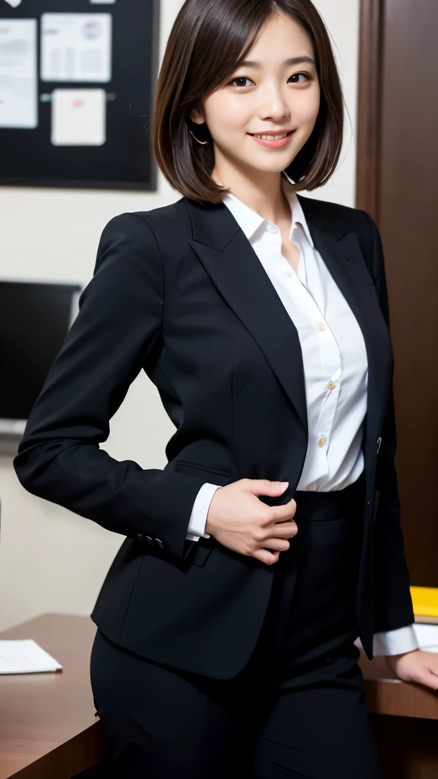 Best-quality, Masterpiece, Ultra-High-Resolution, (Photorealistic:1.4), Raw-Photo, at office, 1girl, 15-years-old, the most famous Japanese idol, (extremely cute face like the most popular Japanese idol, ((extremely beautiful big-black-solid-circle-eyes)), extremely beautiful short-cut-haired, extremely beautiful skins), extremely beautiful long-eyelashes, extremely beautiful lips, upturned ass that wearing three-piece-business-suit, extremely beautiful hip that wearing three-piece-business-suit, extremely beautiful ass that wearing three-piece-business-suit, looking at viewer, innocent-smile, wearing three-piece-business-suit, detailed office, detailed three-piece-business-suit