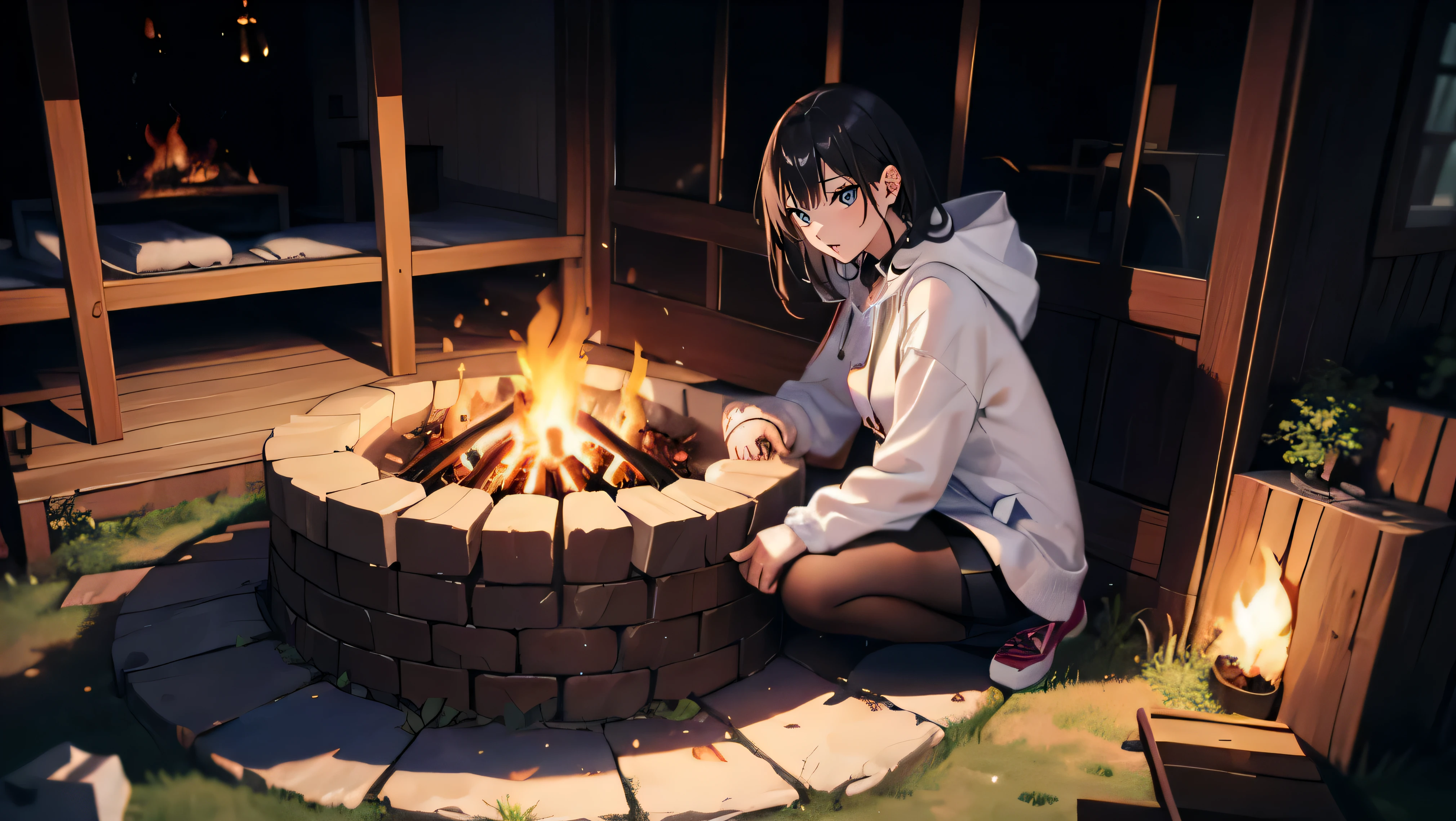 camp (1 milf)、((sit alone))、sleepy look、 Overall image, ( fire sitting nearby, wearing a white hoodie, outdoors fashion), (campファイヤー), , wood cottage 燃焼 behind them, urgent, , (ultra high resolution, 8K RAW写真, realistic, Thin contours), in the forest, outdoors, interesting, (fire focus), (one bonfire)black background black tights