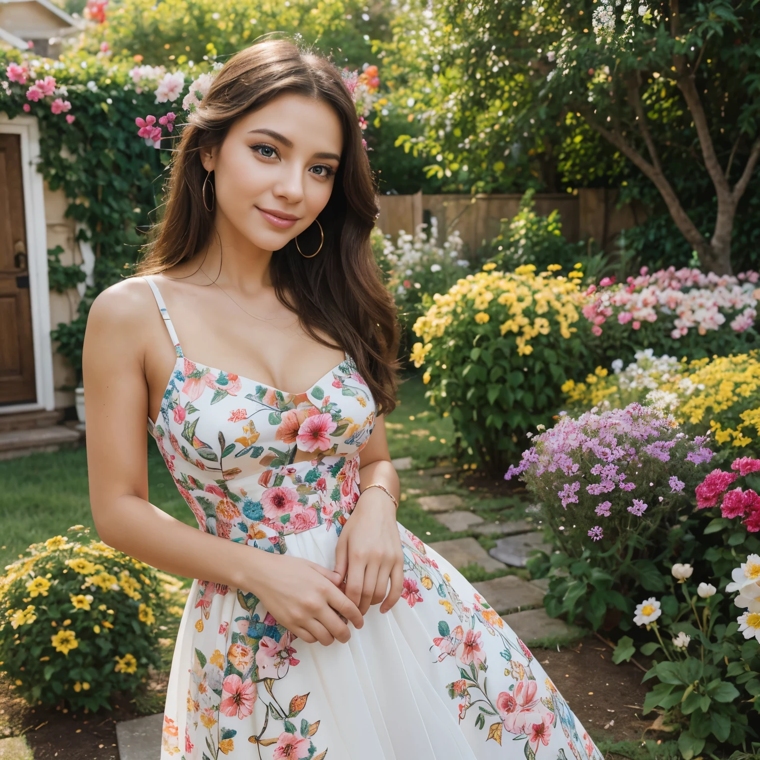 A young woman with beautiful detailed eyes and lips standing in a garden, surrounded by vibrant flowers. She is wearing a colorful dress and holding a bunch of balloons, with a joyful expression on her face. The scene is captured in a realistic and vivid style, resembling a professional photograph. The colors in the image are vibrant and the lighting is natural, highlighting the beauty of the garden and the woman. The image is of the highest quality, with sharp focus and ultra-fine painting details, creating a visually stunning masterpiece. The artwork is created using a mix of traditional painting techniques and digital rendering, resulting in a unique and eye-catching aesthetic. The overall color tone of the image is warm and cheerful, enhancing the festive atmosphere of the birthday celebration.