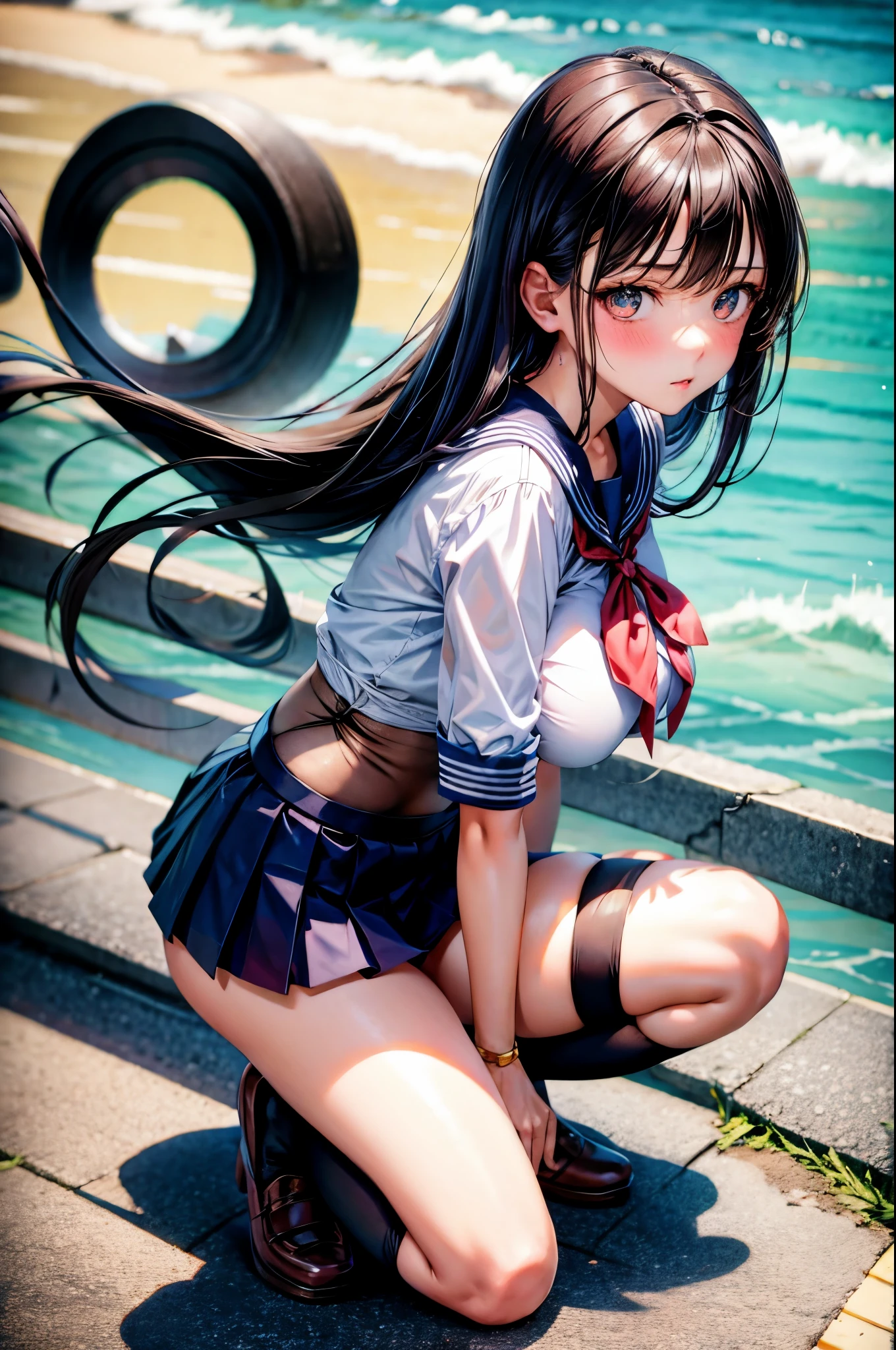 1girl, 17yo, beautiful girl, ulutra detailed, best quality, detailed face, clear-cut beauty, realistic, deep detailed eyes, sparkling eyes, (shiny brown beautiful eyes with reflections), shiny-black hair, school sailor uniform, serahuku, mini skirt, knee-high socks, large breast, shoot from above, looking at viewer, (blush:1.1),crouching