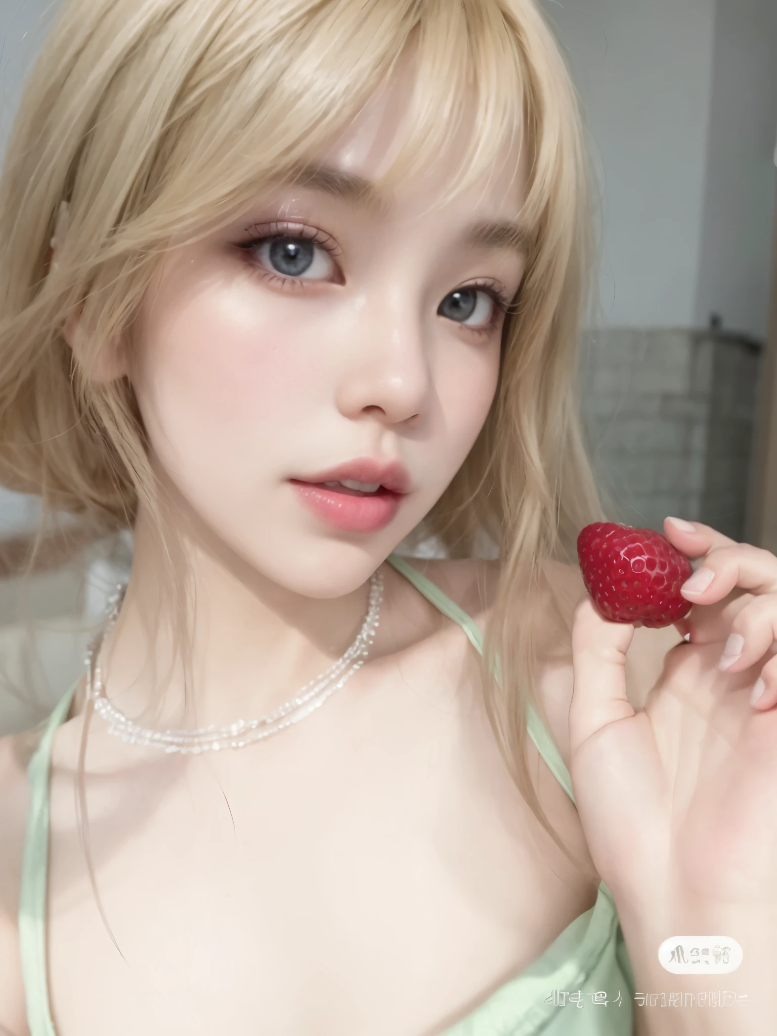 blond girl with a fresa in her hand and a necklace, bella delfina, Lalisa Manobal, ulzzang, amoranto, fresa, young beautiful amoranto, Lalisa Manoban de Blackpink, chica anime en la vida real, Retrato realista kawaii, better known as amoranto, maquillaje popular de corea del sur, pale porcelain white skin