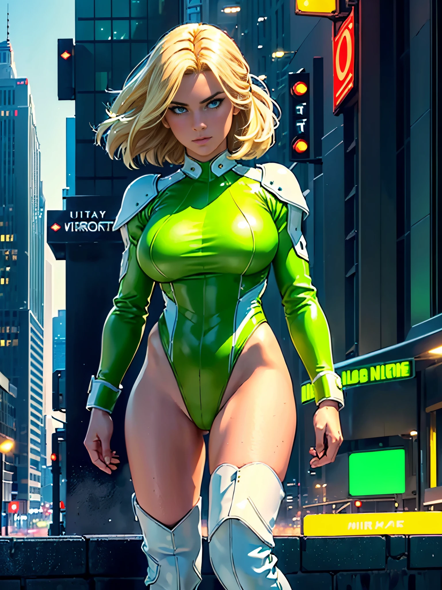 ((best quality)), ((masterpiece)), ((ultra realistic)), american blonde, beautiful detailed face, detailed eyes, sexy us military officer, dressed in a green and white leotard, city backdrop, neon edge lighting, highly detailed, professional, bare legs, full body, medium hair, bob hair, knee boots, long sleeves, standing, solo, solo focus, (powering up)