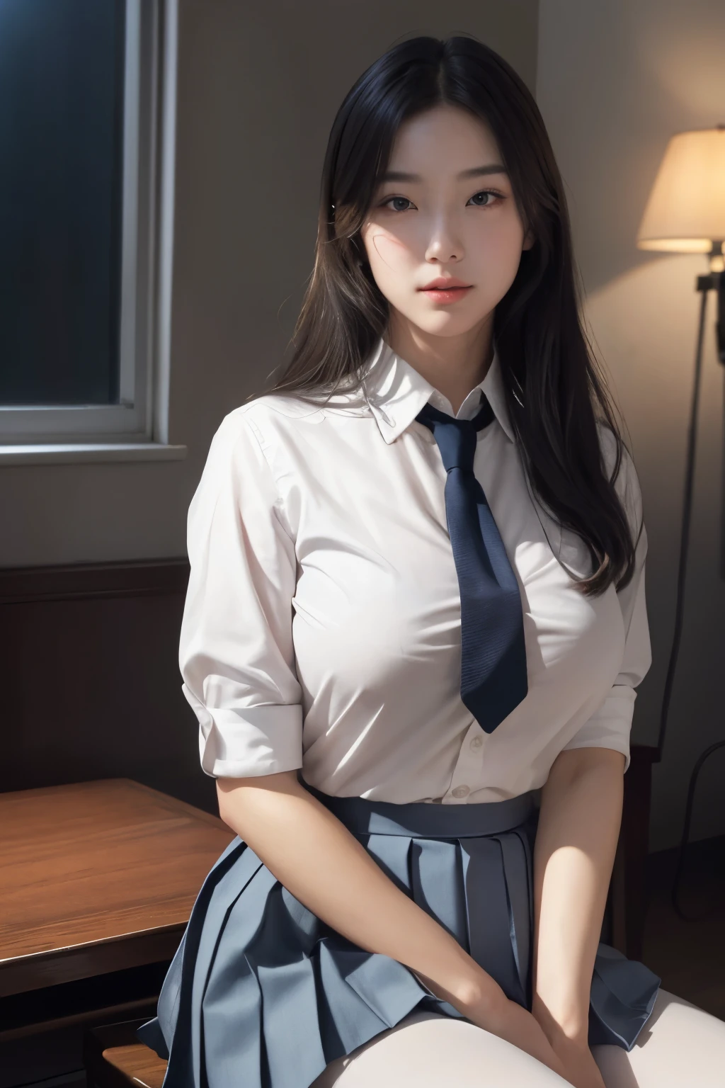 ultra realistic 8k cg, picture-Flawless顔, Flawless, clean, masterpiece, professional artwork, famous works of art, Flawless顔, beautiful face, beautiful eye, ((Flawless女性の体)), alone,(An immersive atmosphere, chiaroscuro:1.5,bright light:1.2,bright lighting)
,,(blush:0.5),fascinating look,very detailed_eye,thick thighs,big breasts,
Beautiful and detailed background,Depth of the bounds written,realistic:1.3, long shot,1 girl,shirt,pleated skirt, school uniform, sitting, whole body,
(ambient light:1.3),(cinematic composition:1.3),(neon light:0.1),(HDR:0.1),accent lighting, white pantyhose,