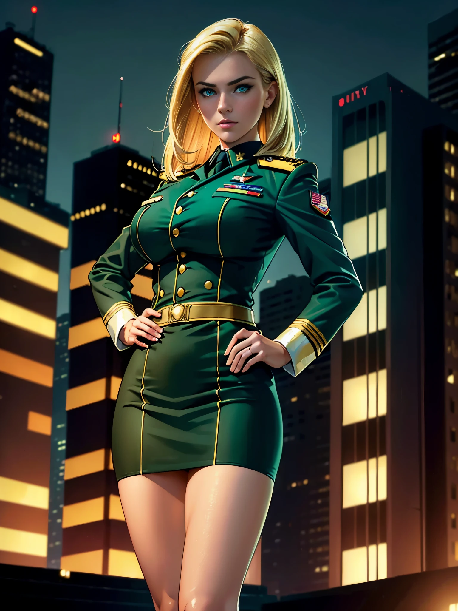 ((best quality)), ((masterpiece)), ((ultra realistic)), american blonde, beautiful detailed face, detailed eyes, sexy us military officer, us army officer, city backdrop, neon edge lighting, highly detailed, professional, U.S. army dress uniform, pencil skirt, miniskirt, full body, hands on hip, medium hair, solo, green eyes