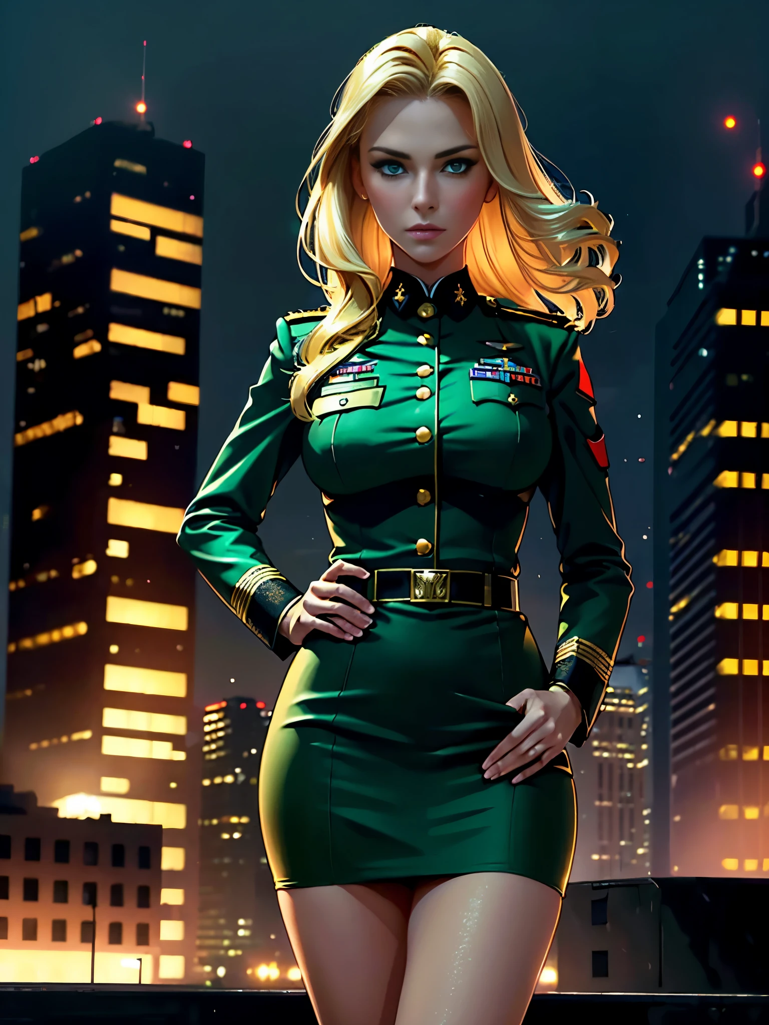 ((best quality)), ((masterpiece)), ((ultra realistic)), american blonde, beautiful detailed face, detailed eyes, sexy us military officer, us army officer, city backdrop, neon edge lighting, highly detailed, professional, U.S. army dress uniform, pencil skirt, miniskirt, full body, hands on hip, medium hair, solo, green eyes