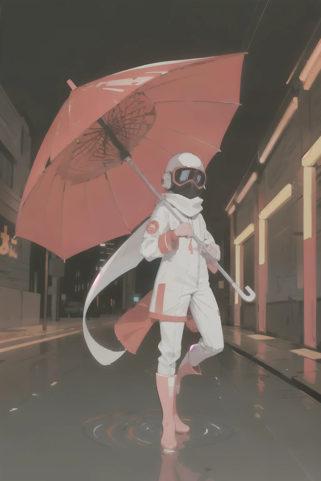 (ultra detailed,ultra high res,detailed background),((2D)),((flat color)),((muted color)),((floating neon)),1solo,looking at viewer, graffiti, white hazmat suit, (big red rain boots), plush scarf, full body image, european umbrella, skill helmet