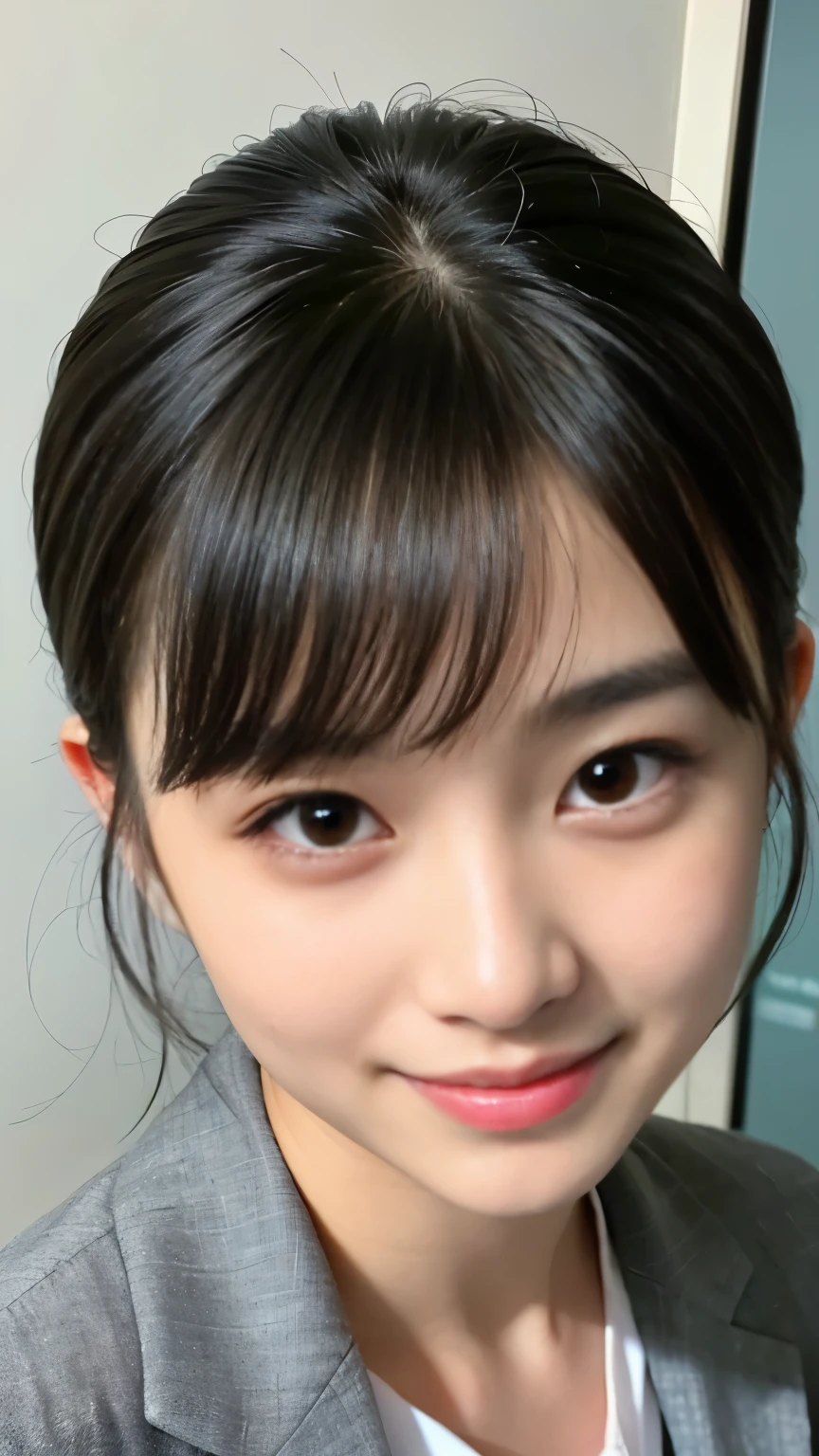 Best-quality, Masterpiece, Ultra-High-Resolution, (Photorealistic:1.4), Raw-Photo, at office, 1girl, -yeld, thost famous Japanese idol, (extremely cute face like the most popular Japanese idol, ((extremely beautiful big-black-solid-circle-eyes)), extremely beautiful short-cut-haired, extremely beautiful skins), extremely beautiful long-eyelashes, extremely beautiful lips, looking at viewer, innocent-smile, wearing three-piece-business-suit, detailed office, detailed three-piece-business-suit