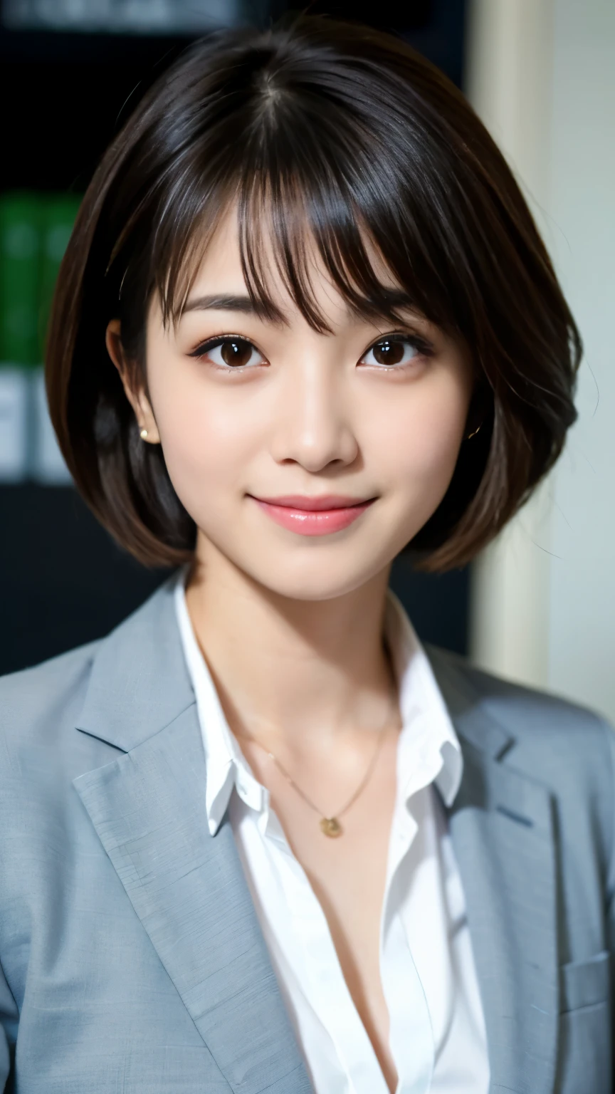 Best-quality, Masterpiece, Ultra-High-Resolution, (Photorealistic:1.4), Raw-Photo, at office, 1girl, -yeld, thost famous Japanese idol, (extremely cute face like the most popular Japanese idol, ((extremely beautiful big-black-solid-circle-eyes)), extremely beautiful short-cut-haired, extremely beautiful skins), extremely beautiful long-eyelashes, extremely beautiful lips, looking at viewer, innocent-smile, wearing three-piece-business-suit, detailed office, detailed three-piece-business-suit