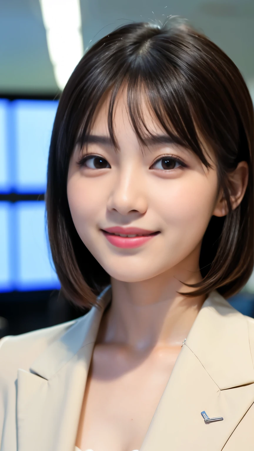 Best-quality, Masterpiece, Ultra-High-Resolution, (Photorealistic:1.4), Raw-Photo, at office, 1girl, 15-years-old, the most famous Japanese idol, (extremely cute face like the most popular Japanese idol, ((extremely beautiful big-black-solid-circle-eyes)), extremely beautiful short-cut-haired, extremely beautiful skins), extremely beautiful long-eyelashes, extremely beautiful lips, looking at viewer, innocent-smile, wearing three-piece-business-suit, detailed office, detailed three-piece-business-suit