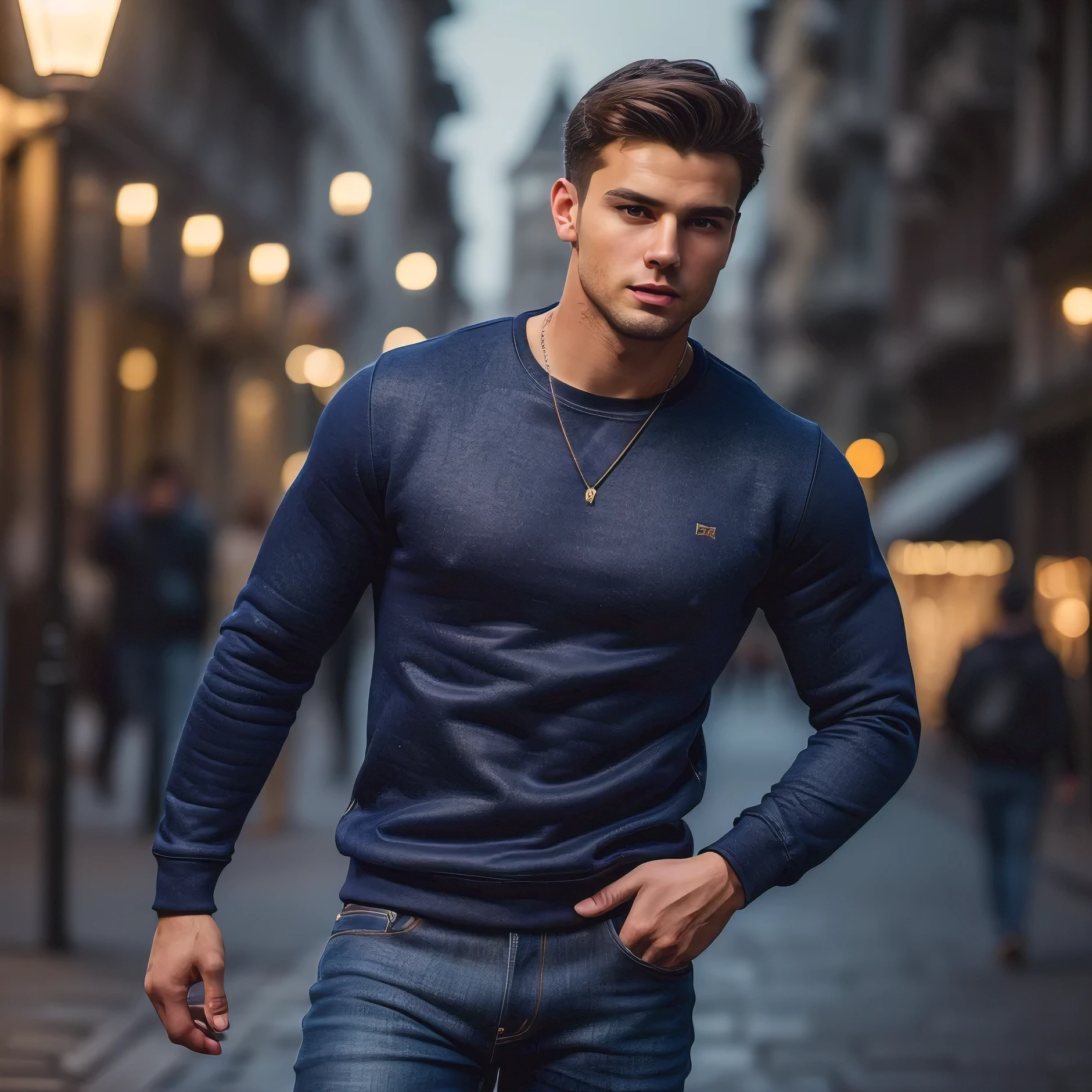 ((Best quality, A high resolution) detailed, Realistic, whole body, Handsome young(((one man))), (European appearance), skin texture, dynamic movement, Jeans, sweatshirt, (brunette), great atmosphere, night, hips, blur depth, Danger, Photography 8k, lamps, muffled light, street, complex background