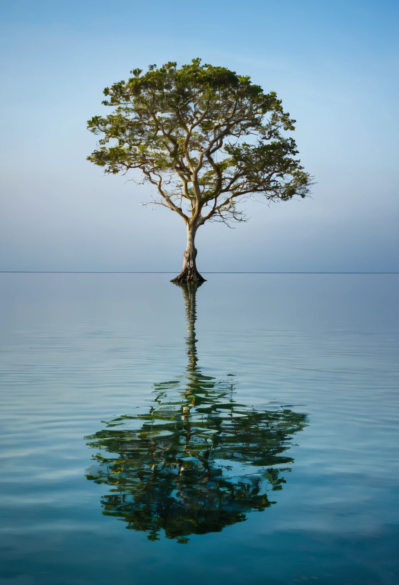 Up and down composition，A tree and reflection in the sea