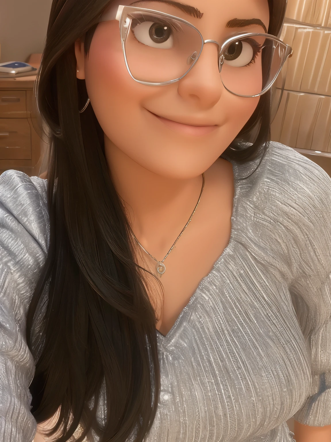 mulher de oculos morena baixa, cabelos longos e castanhos, no escritorio com computadores estilo disney pixar, alta qualidade, melhor qualidade