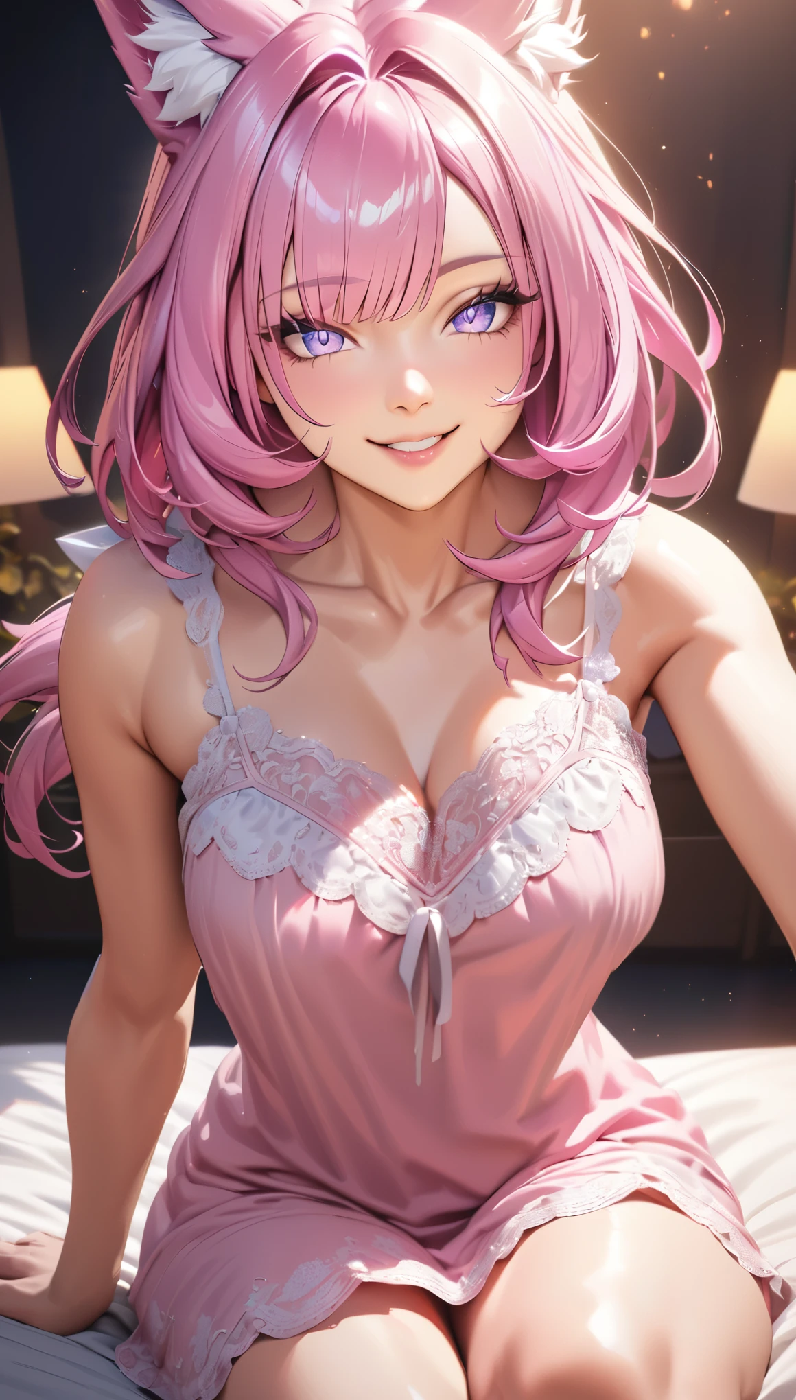 Elysia, ((pink hair)), fox ears,beautiful face,smiling,close up to hips, moderate breast,sitting on a bed,wearing pink negligee, (open mouth:0.4),illustration,detailed textures,ultra-detailed(realistic),portrait style,vivid colors,soft lighting. mature, slip, visible side 