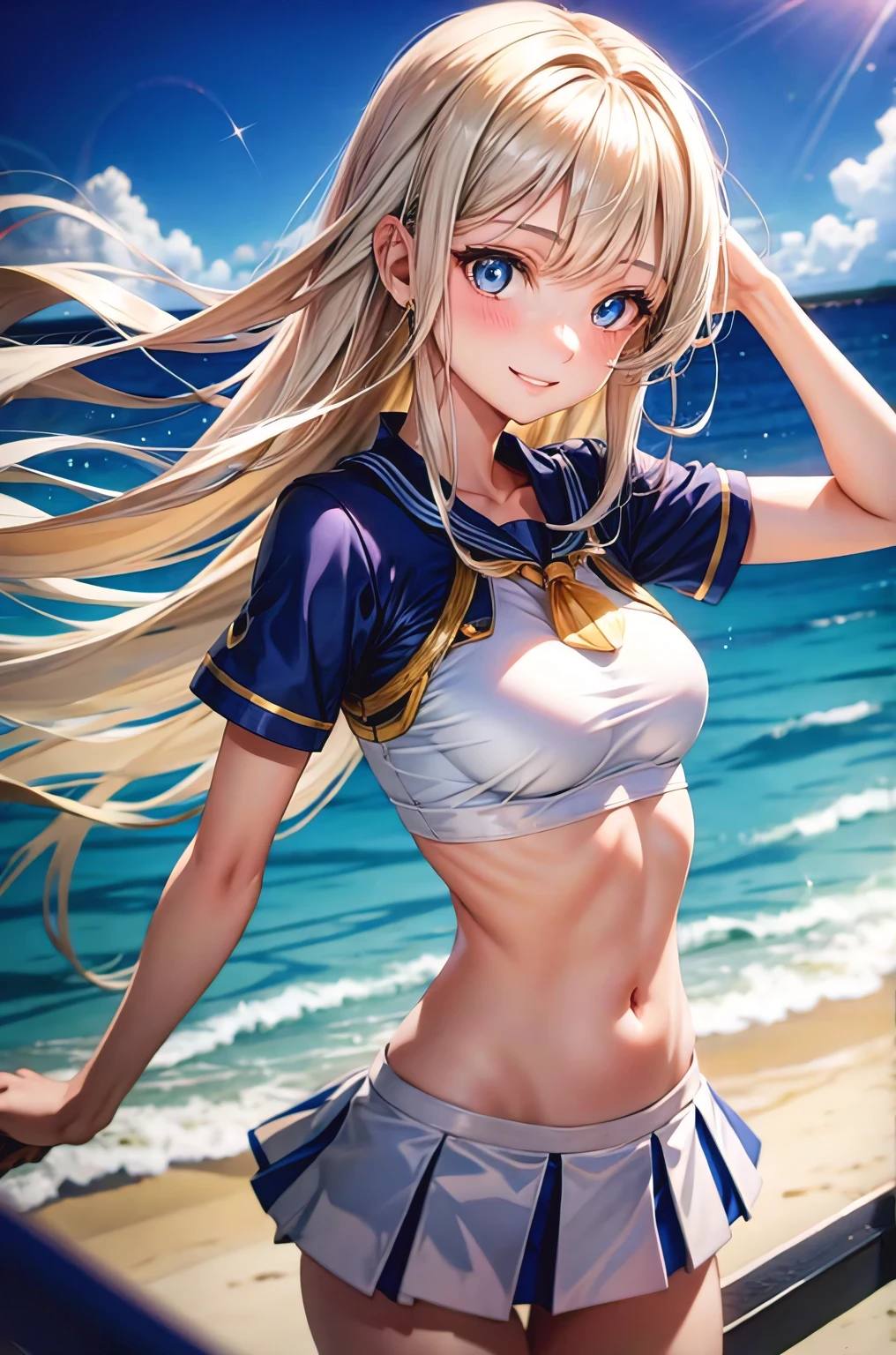 1 girl, 17yo, beautiful girl, Super detailed, highest quality, detailed face, deep and fine eyes, sparkling eyes, nervous smile, shiny blonde hair, Long straight floating hair, (Beautiful eyes with shiny light blue reflections), serahuku, sailor suit, crop top, big breasticro holes pleated from above, upper body shot, looking at the viewer, beach,