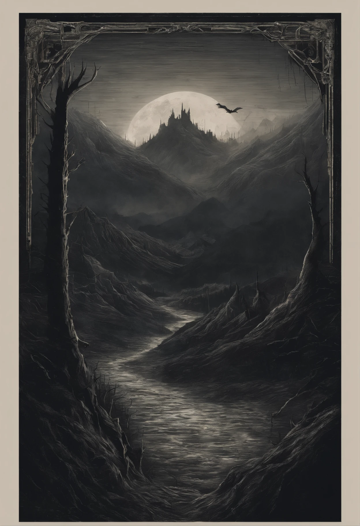 Deep dark valley with evil monsters lurking below, the morning sun only reaching the top of the surrounding mountains