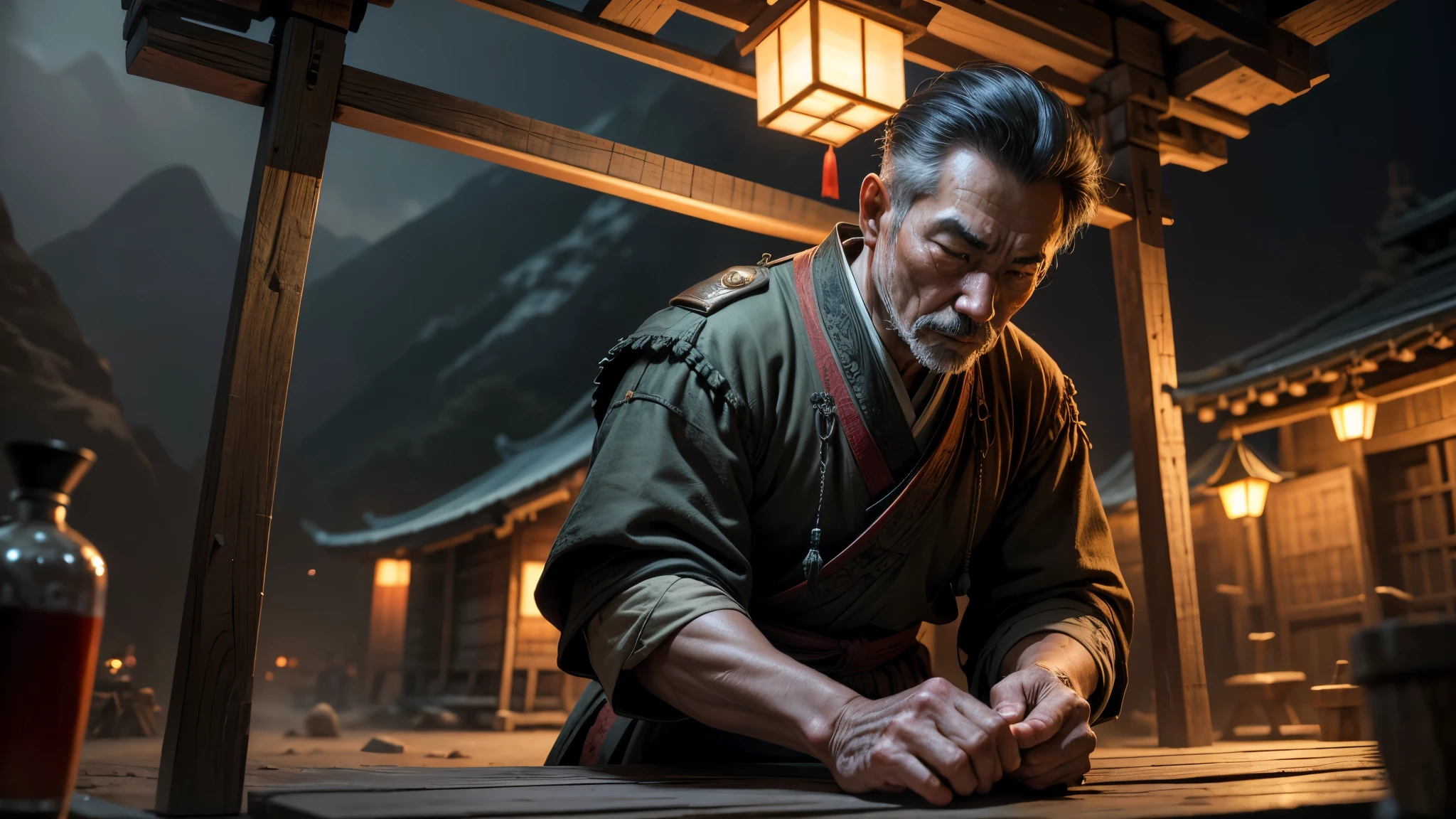 good quality, ultra high resolution，masterpiece, （reality，detail，close up）night，in a heavily guarded，In ancient Chinese military camp，On a wooden frame，An injured man hanging