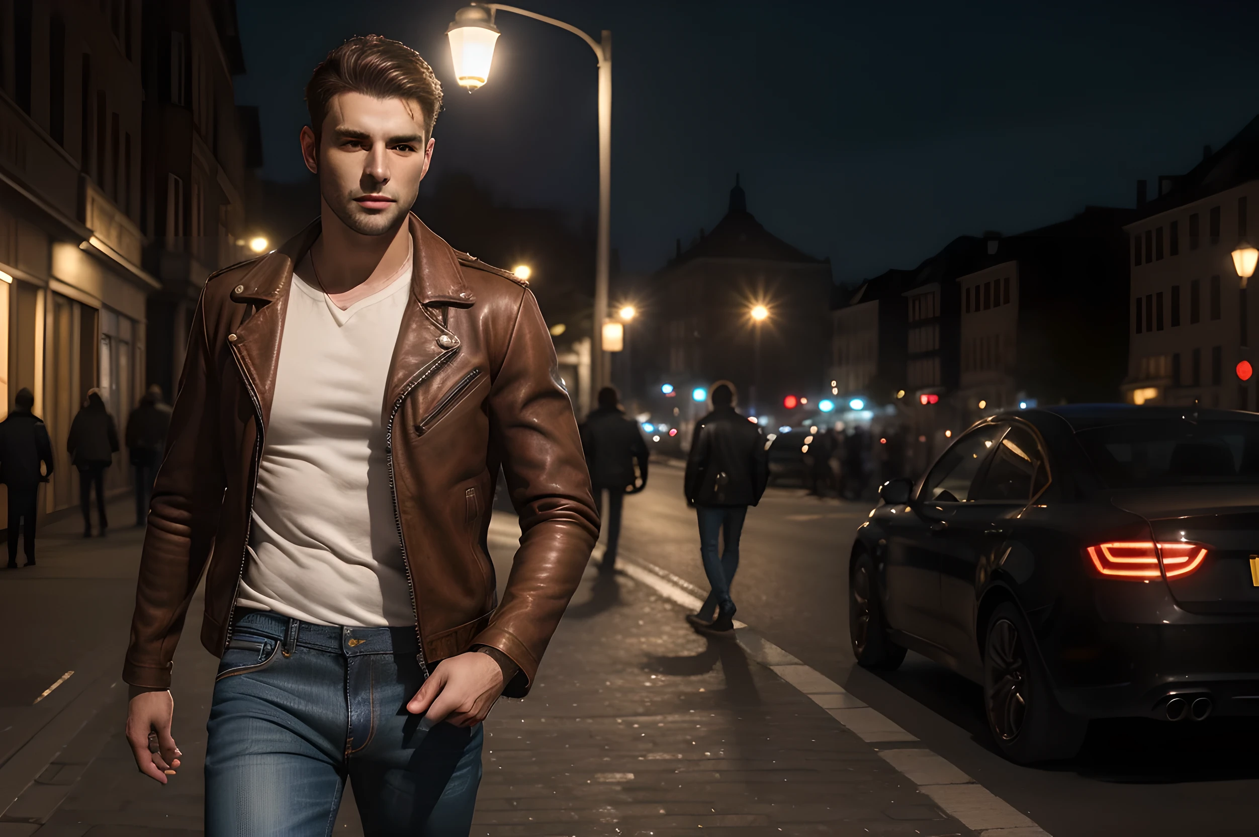 ((Best quality, A high resolution) detailed, Realistic, whole body, Beautiful, young ((One)) Man, brunette, (European appearance), skin texture, Jeans, leather jacket, great atmosphere, night, hips, blur depth, Photography 8k, lamps, muffled light, street, machine, dynamic action,