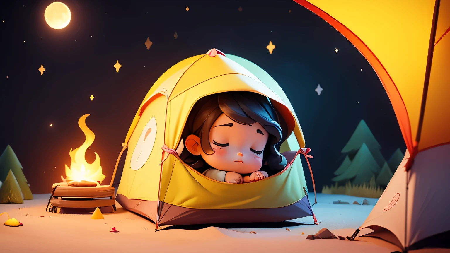 (cartoon character),(a 5-year-old girl),(baby girl sleeping),(delicate appearance),(detailed facial),(campsite),(a tent behind her),(campfire),(nature campsite backdrop),(high angle),(yellow round moon),(vivid colors),(soft moonlight),(sharp focus),(fine details),(crisp outlines)