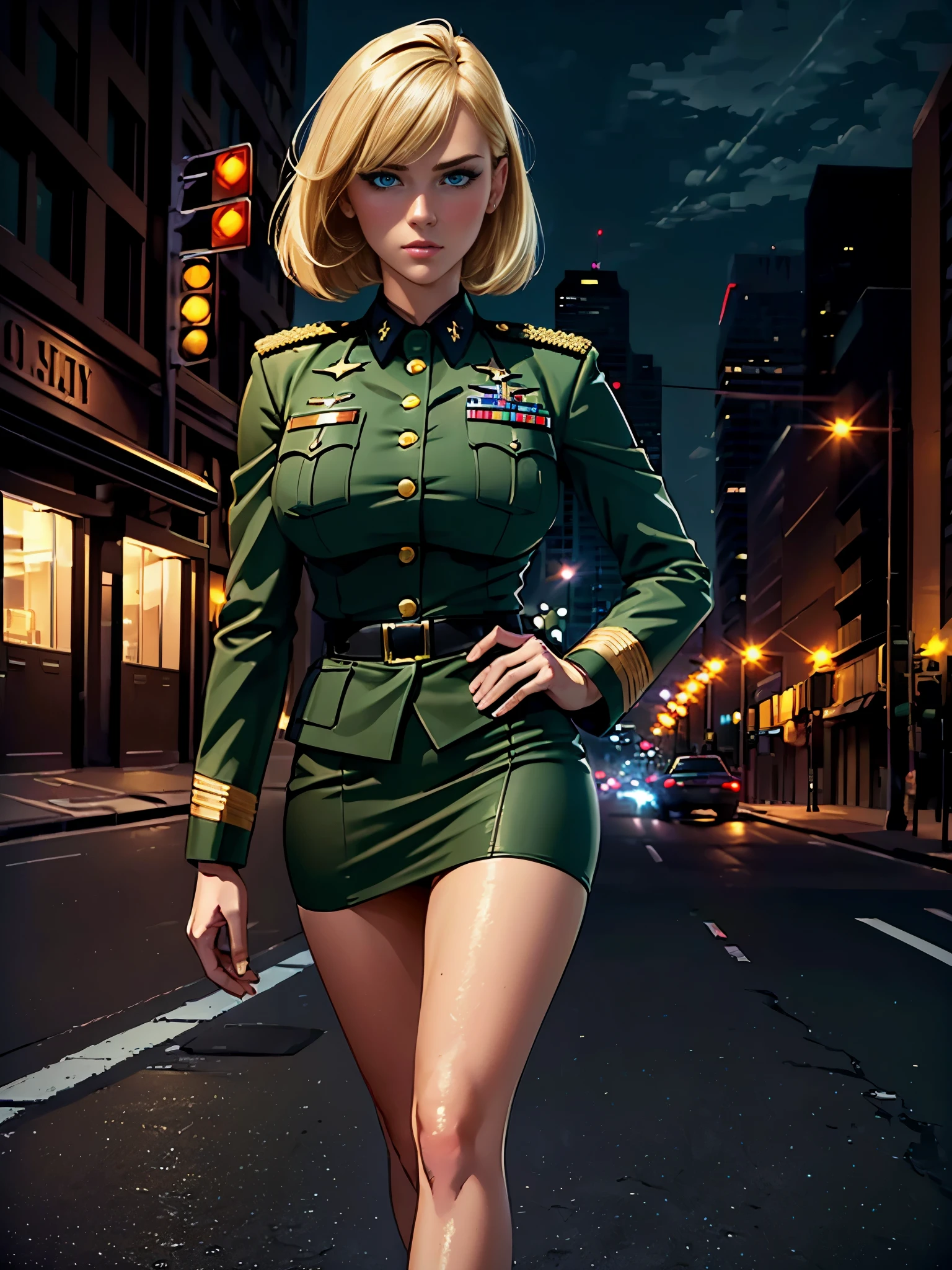 ((best quality)), ((masterpiece)), ((ultra realistic)), american blonde, beautiful detailed face, detailed eyes, sexy us military officer, us army officer, city backdrop, neon edge lighting, highly detailed, professional, U.S. army dress uniform, pencil skirt, miniskirt, full body, medium hair, bob hair, solo, green eyes