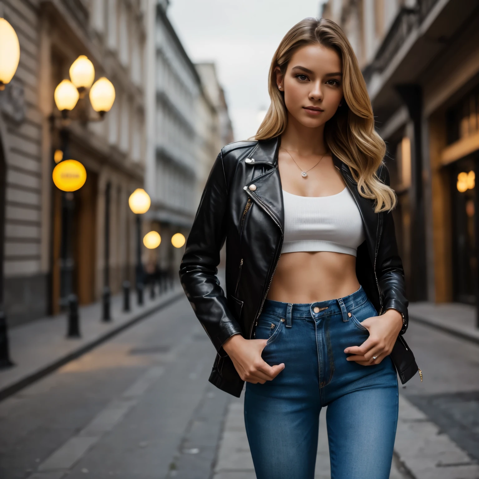 ((Best quality, A high resolution) detailed, Realistic, whole body, Beautiful young(((One girl))), pearl skin, (European appearance), skin texture, slim figure, graceful pose, dynamic movement, Jeans, Dark jacket, (blonde), great atmosphere, night, hips, blur depth, Photography 8k, lamps, muffled light, street, complex background