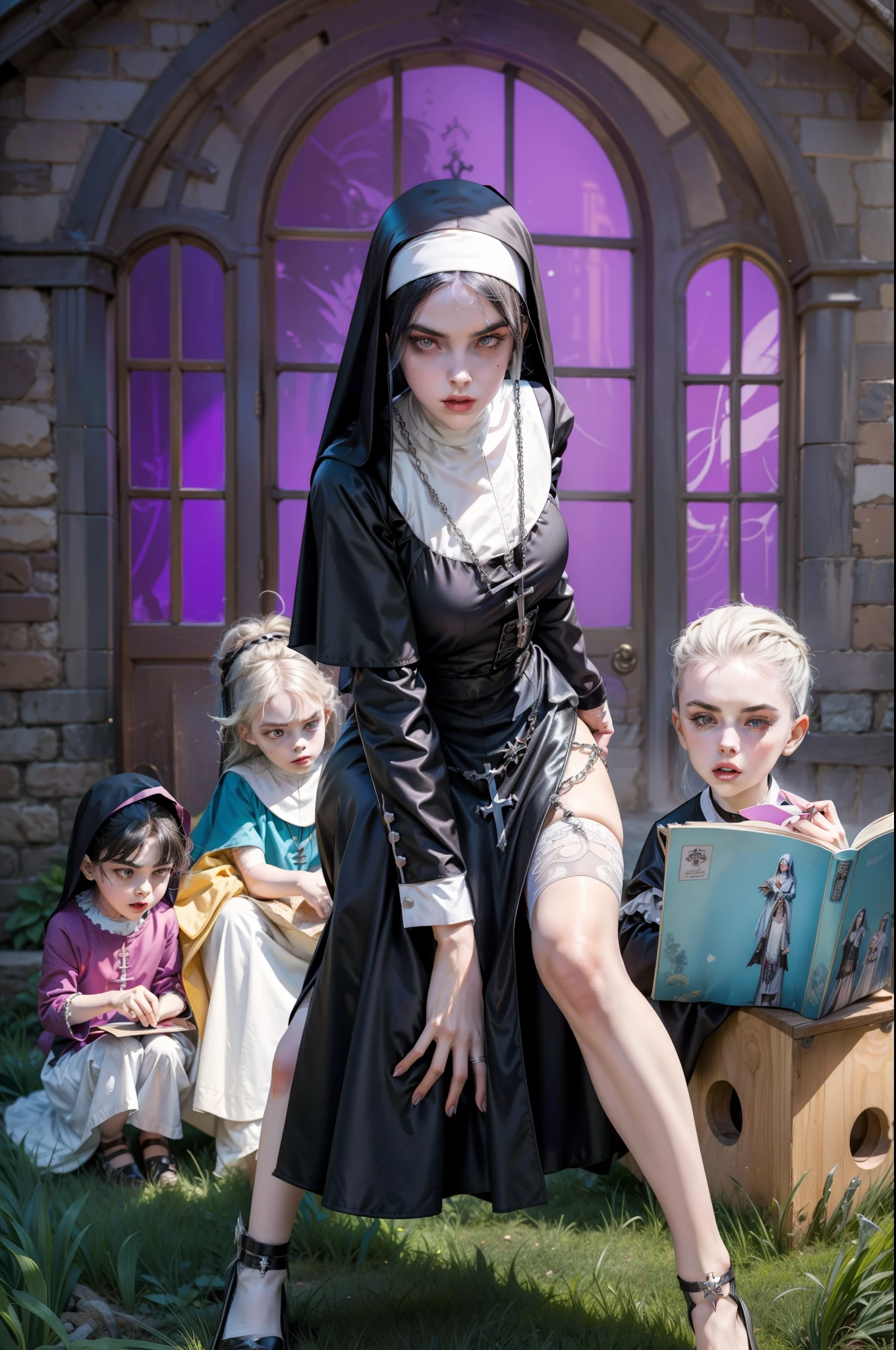 cartoon of a nun with a group of children in the background, an evil nun, vampire nun, nun, nun outfit, nun fashion model, single scary female vampire nun, mother sarah artist, billie eilish as a nun, billie eilish as a sad nun, inspired by Master of the Legend of Saint Lucy, harry potter in a maid’s uniform, fan art