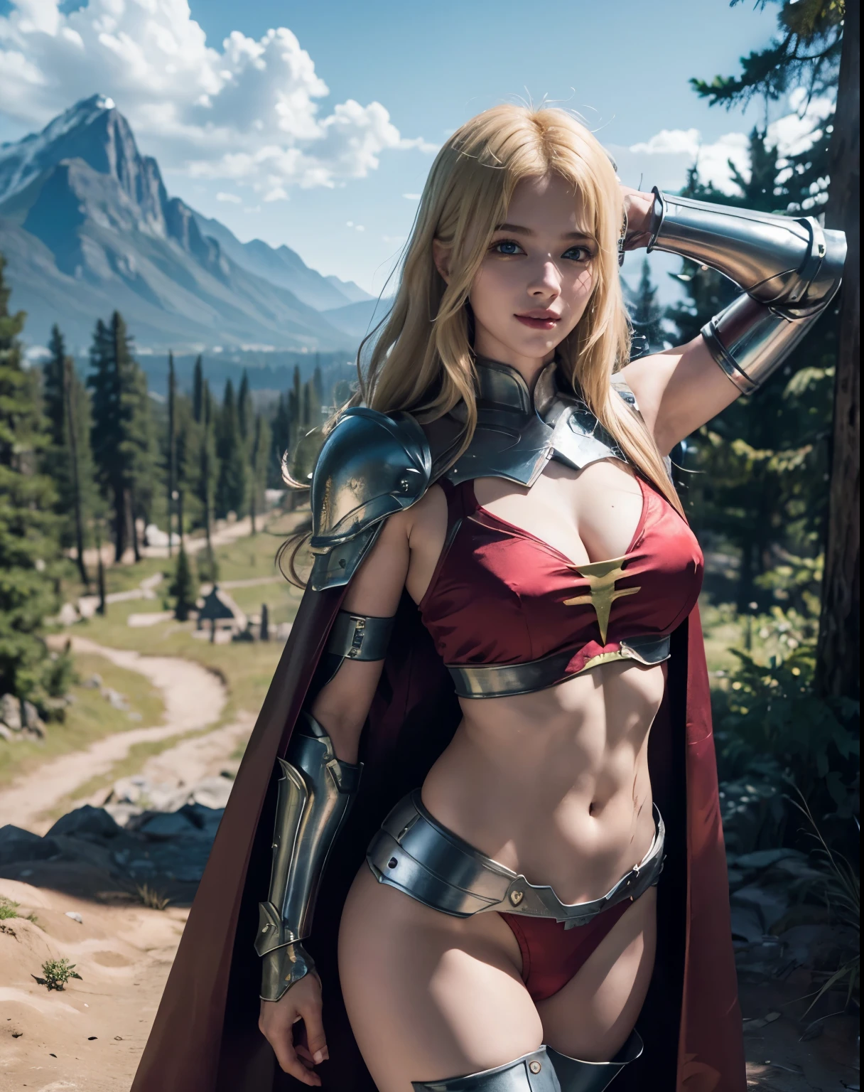 1girl, (Blue Eyes), (smiling :1.2), (Sana Minatozaki), wide hips, Big tits, big ass, (Best Quality, 8k, Masterpiece: 1.3), Clear Focus: 1.2, Perfect Body Beauty: 1.4, strong abs, Highly detailed face and skin texture, detailed eyes, double eyelids, muscular arms and legs :1.3, (blond long hair :1.1), skyrim, armor, shoulder armor, shoulder pads of steel, elbow pads of steel, greaves of steel, (red silk cape :1.2), standing, arms up, in a pine forest, mountains in the background