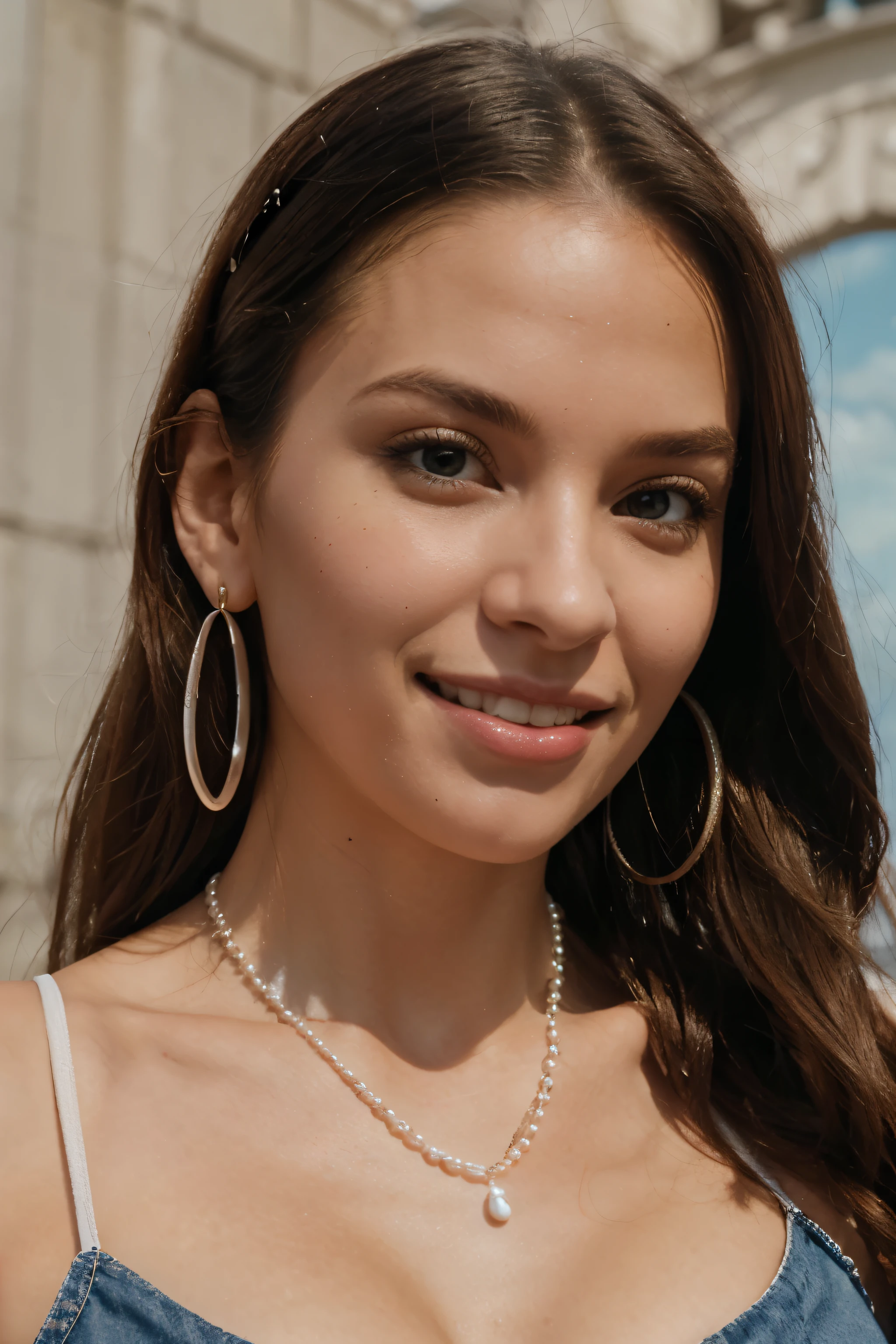 Full body photo, ultra realistic, bigger smile, wearing a white half top with blue jeans, high heels, playfully strolling through a theme park, carrying a Gucci bag, pearl necklace with matching earrings, hair in a ponytail.