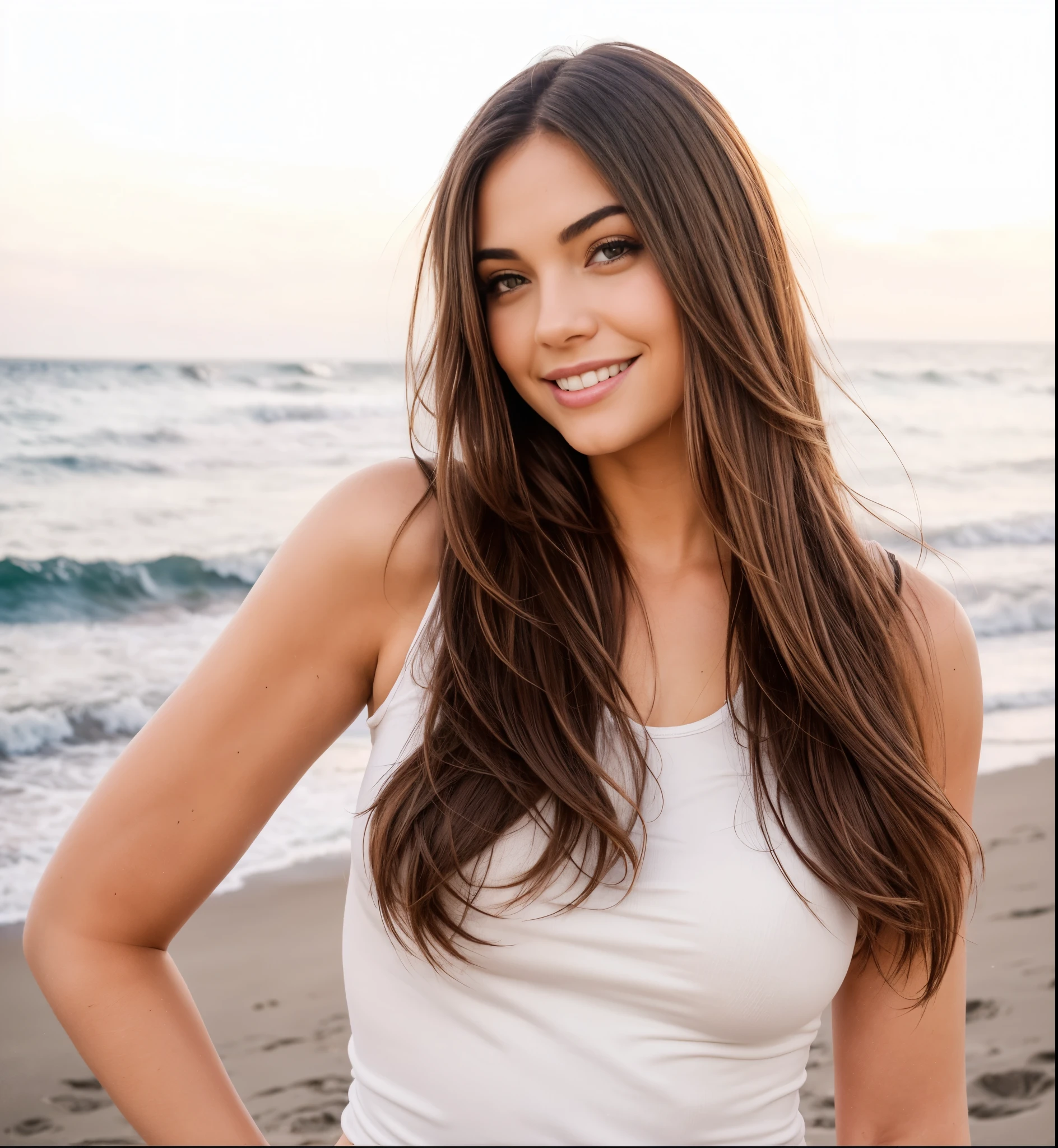 curvy woman in white tank top with long hair standing on the beach near the ocean, na praia, atrizwoman, mulher fofa, cabelo castanho longo com franja, foto vazada, Foto de perfil, leve sorriso