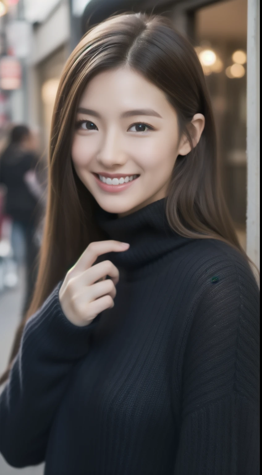 The face is a hostess、Wear a turtleneck sweater、hiquality、A hyper-realistic、healthy、Smiling expression、Slender perfect figure、Japan beauties、beautidful eyes、face perfect、Beautiful skin、The upper part of the body、Christmas、street