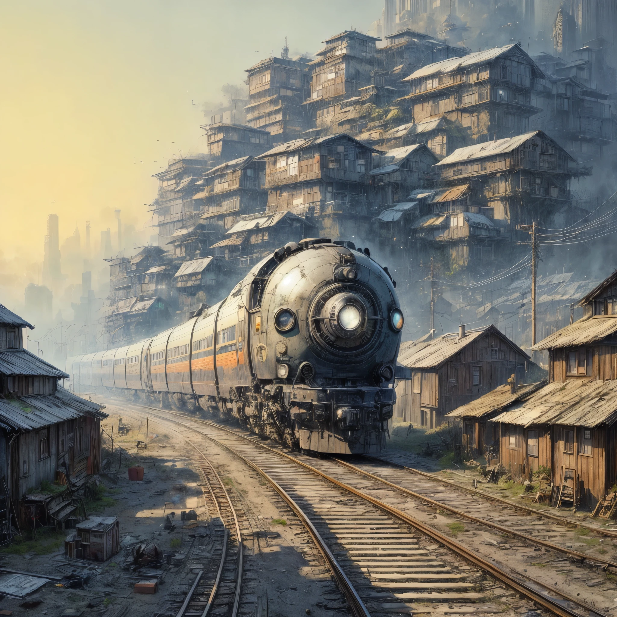 ((Meisterwerk, high quality, artgerm, artstation)),intricate ultra detailliert, (science-fiction, futuristic, moebius, chris foss), Es gibt einen Zug, that travels down the tracks in the city, wooden houses, shantytown, Biomechanische Eisenbahn, Alejandro Burdisio Kunst, inspired von Alexander Burdisio, Greg Beeple, Peter Gric und Mumford, von Alexander Burdisio, paul lehr and beeple, Beeple und Jean Giraud, und McPharlin : : aufwendig