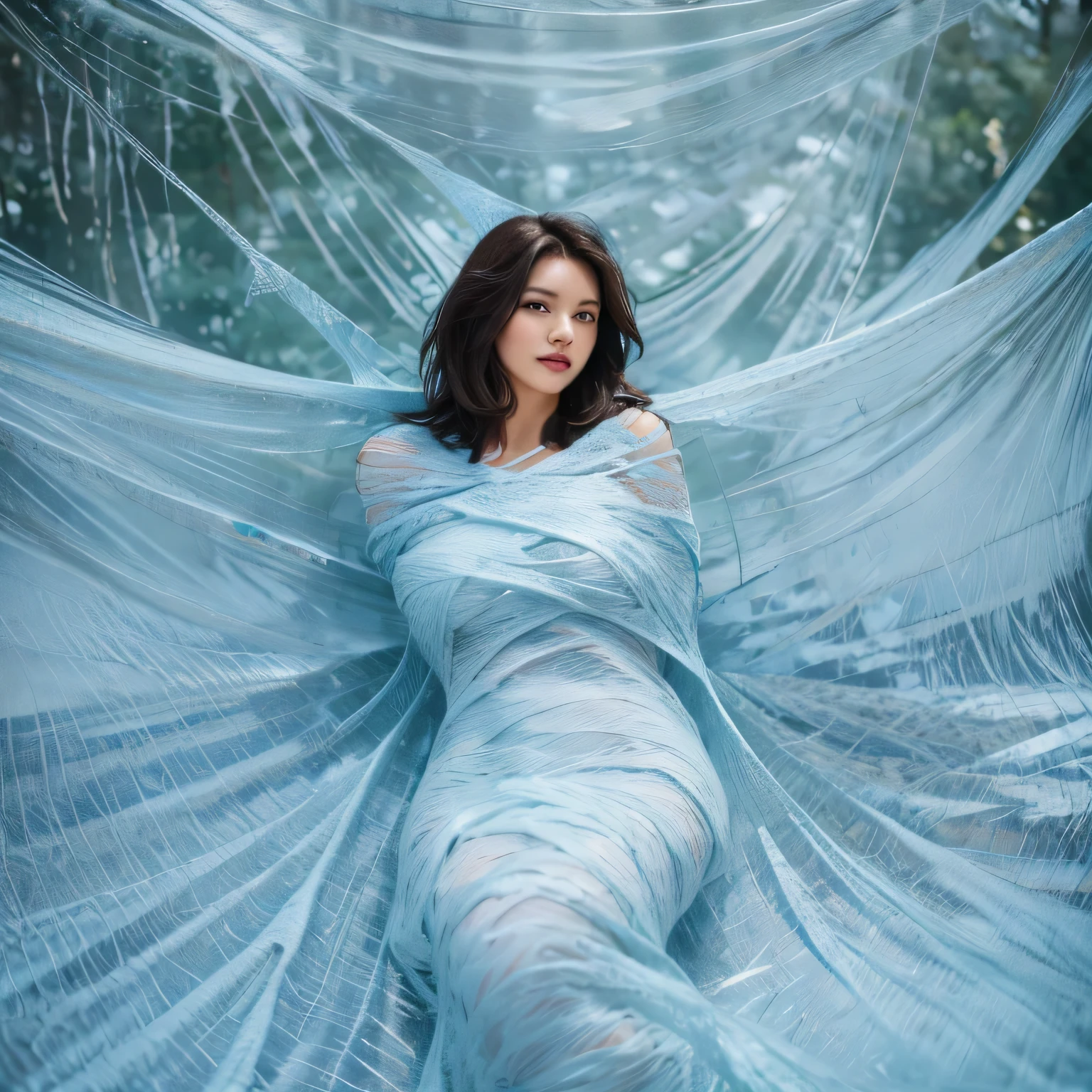 one girl tied up by another one with rope,(bright lighting,romantic setting),dreamy background,bondage,dark hair, mesmerizing gaze, , soft skin, alluring beauty, artistic portrait, high-quality image, vibrant colors, long silk gown, dressing room, (cocoon:1.4)