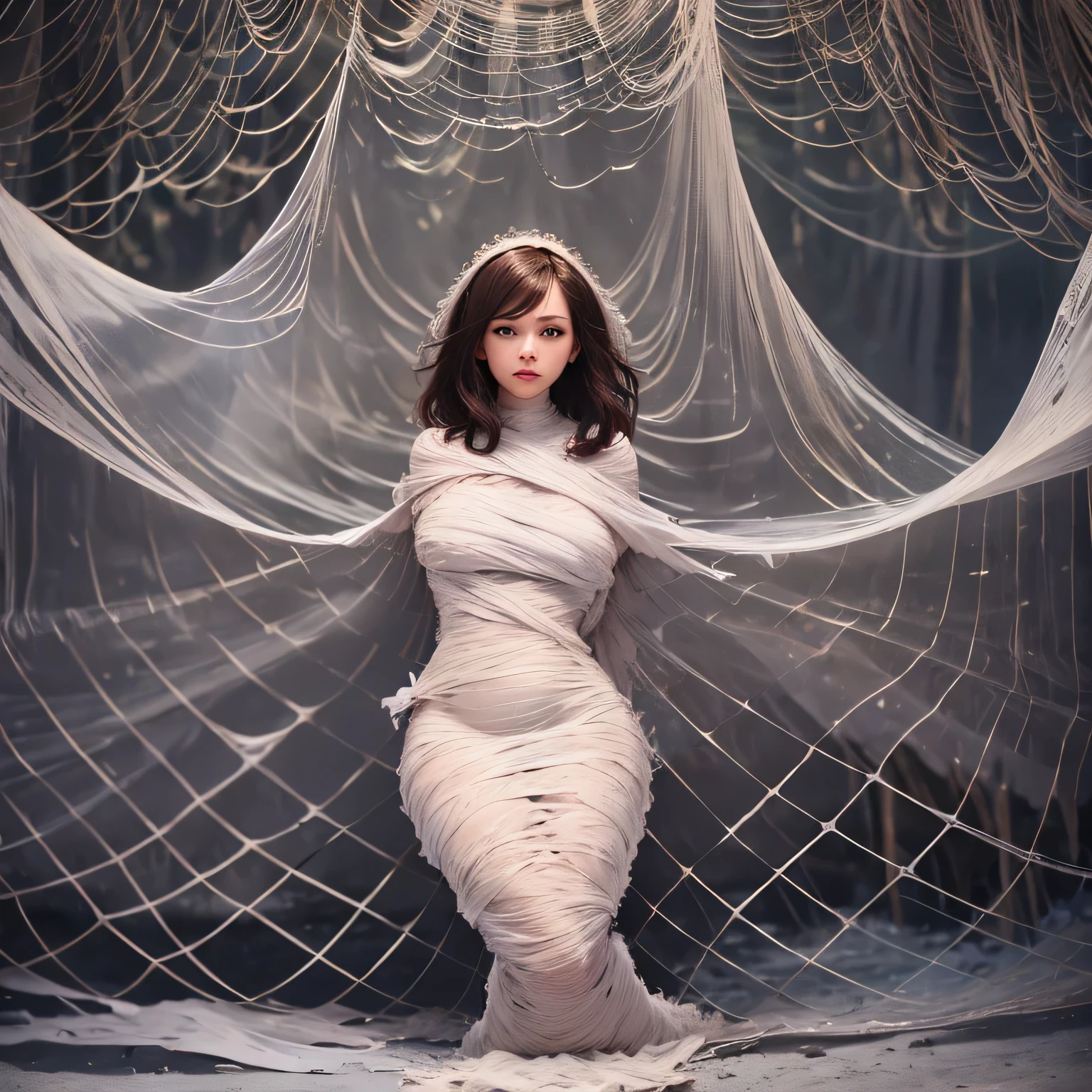 one girl tied up by another one with rope,(bright lighting,romantic setting),dreamy background,bondage,dark hair, mesmerizing gaze, , soft skin, alluring beauty, artistic portrait, high-quality image, vibrant colors, long silk gown, dressing room, (cocoon:1.4)