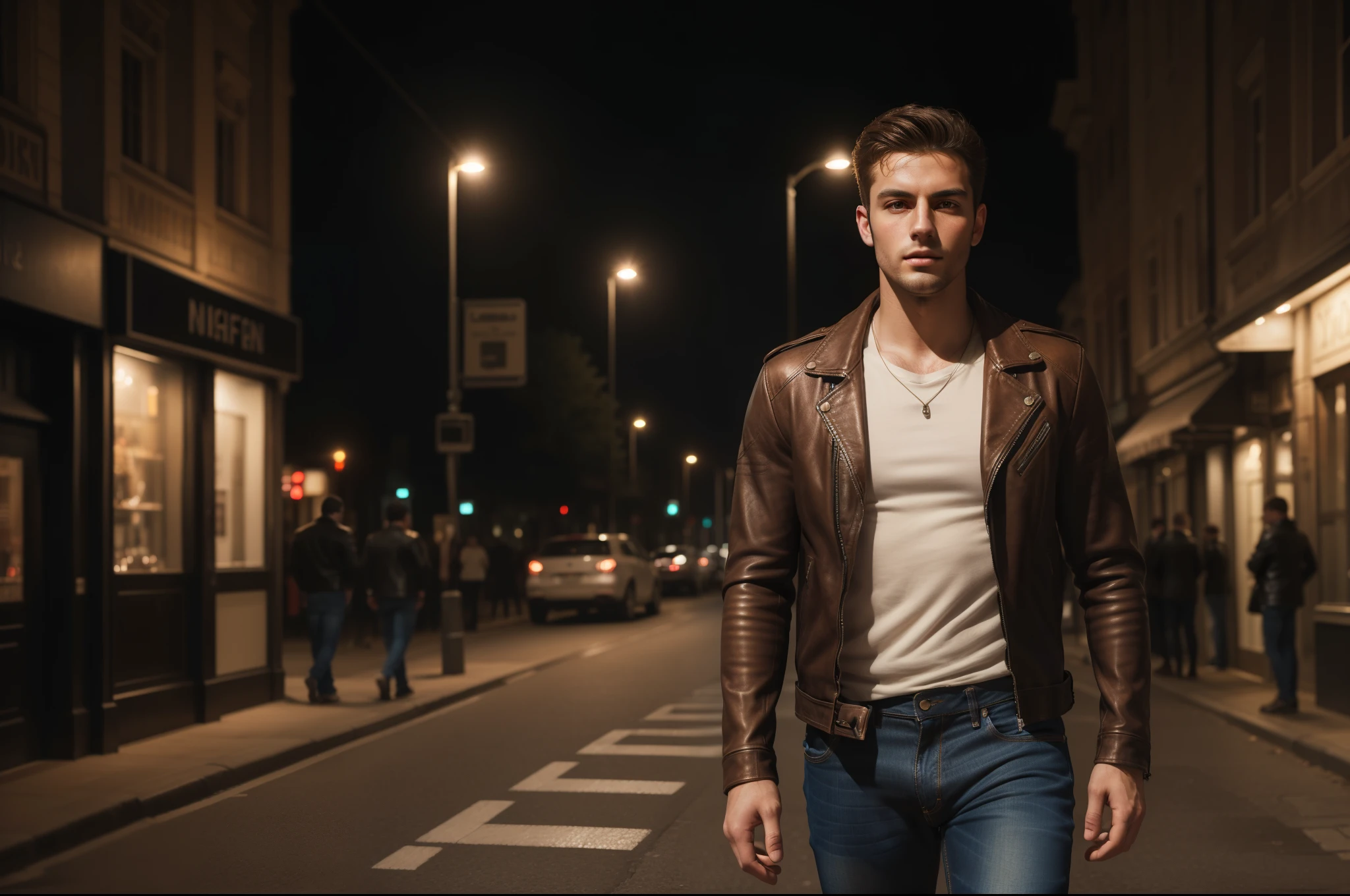 ((Best quality, A high resolution) detailed, Realistic, whole body, Beautiful, young ((One)) Man, brunette, (European appearance), skin texture, Jeans, Leather Jacket, great atmosphere, night, hips, blur depth, Photography 8k, lamps, muffled light, street, machine, 
