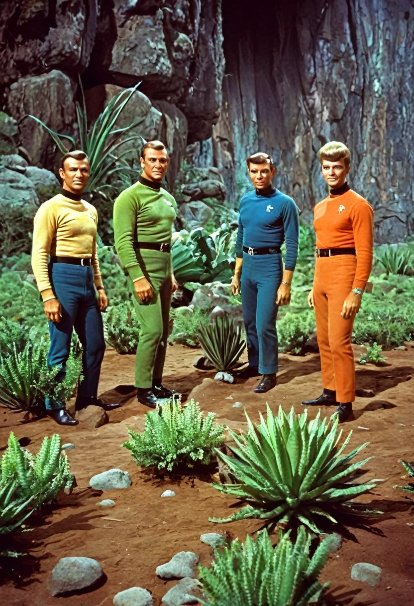 Crew of an old starship from a 1960s TV series on a rustic, picturesque planet, lost in space, with scenic plants and rocks, republic series, Programa de TV de Irwin Allen, Science fiction, Uniformes de acampamento coloridos estilo Star Trek e Lost in Space, retro look, vintage, estilo antigo, ROSTOS PERFEITOS tipo atores dos anos de 1960, ((ROSTOS PERFEITOS)), large very colorful scenery, cogumelos gigantes, plantas aliens, ((ROSTOS PERFEITOS)), incluir um alien na tripulação, rostos melhorados, alien, A robot, ((Extraterrestrial Planet exotic plants of unusual color and shape)), TV studio lighting, fake scenario, coloque um alien em cena, colocar A robot em cena