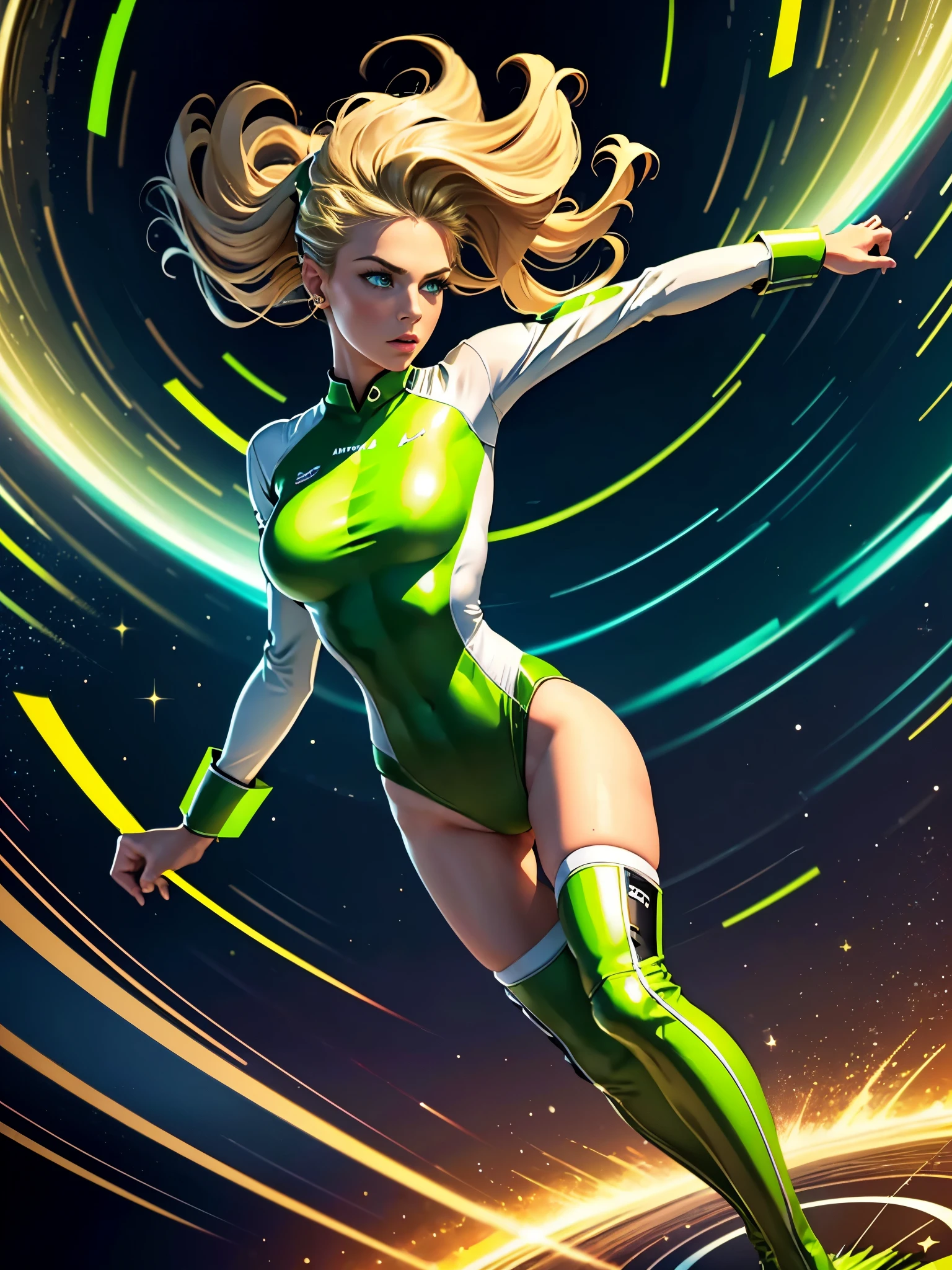 ((best quality)), ((masterpiece)), ((ultra realistic)), american blonde, beautiful detailed face, detailed eyes, sexy us military officer, dressed in a green and white leotard, neon edge lighting, highly detailed, professional, bare legs, full body, medium hair, bob hair, knee boots, long sleeves, standing, solo, green eyes, spinning into a cyclone, spinning, spins fast in place like a tornado, twirling in place, tornado spinning, rapid gyration, space backdrop, motion blur, speed lines, tornado, time warp