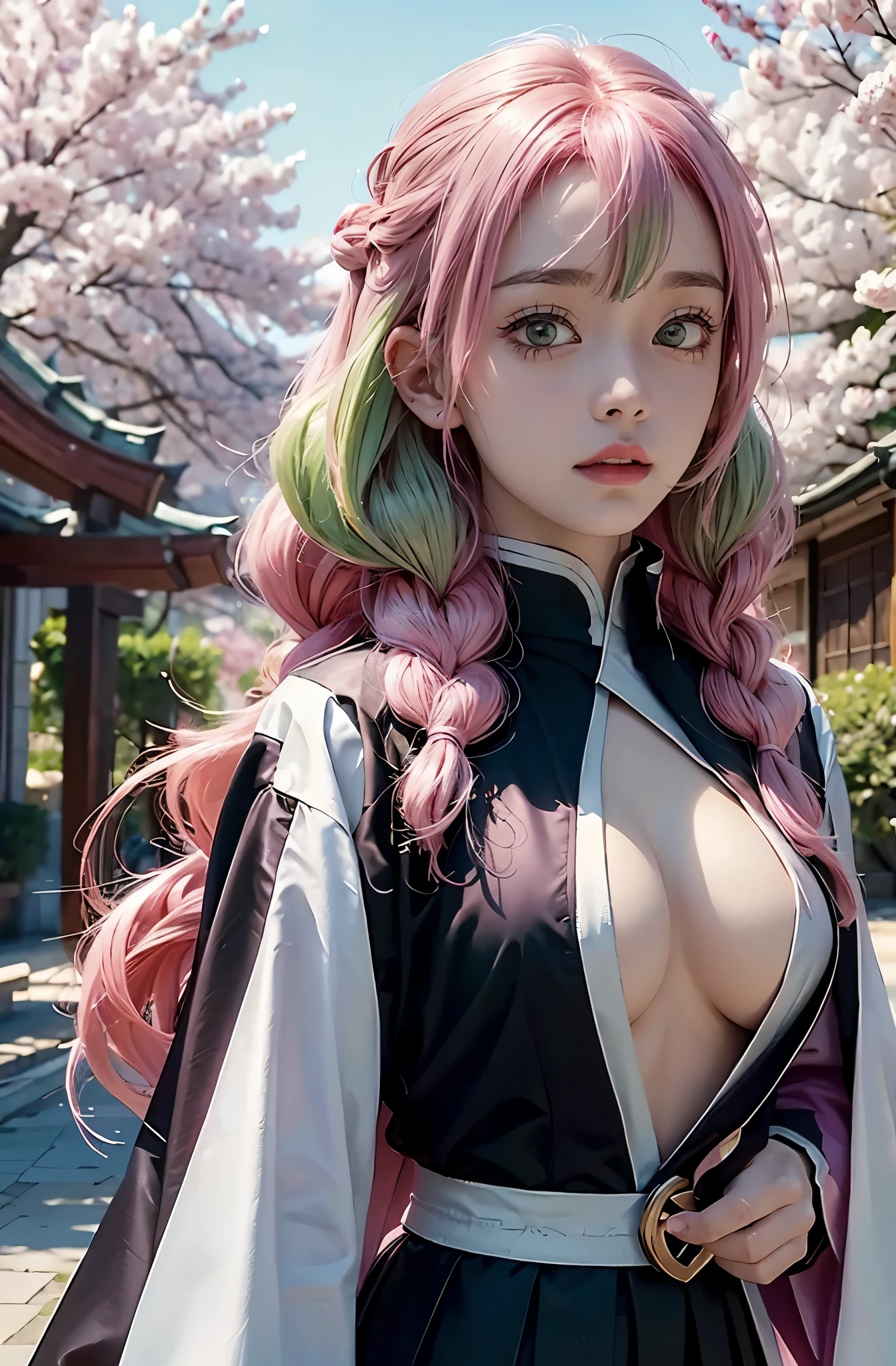 high res, highly detail, masterpiece, best quality, 1girl, solo, Mitsuri, demon_slayer_uniform, looking_at_viewer, pink hair green hair, middle boob, G Cup, outside, sakura tree