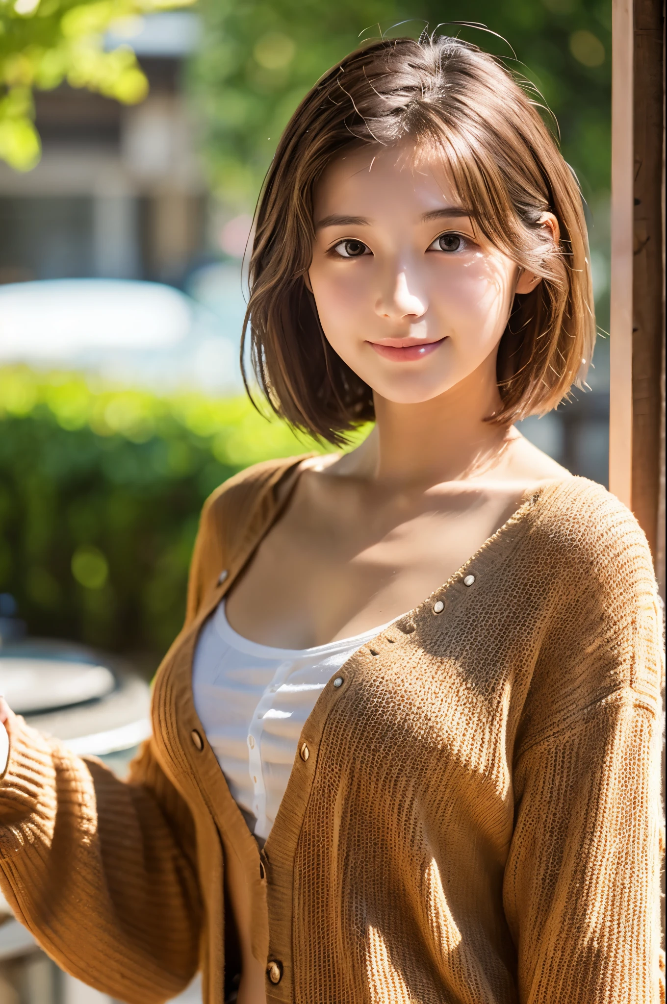 highest quality、super detailed、masterpiece、realistic、Photoreal、one girl、(cute 17 year old girl、small head)、(cute:1.2)、Bewitching、(brown hair、short bob hair)、eyes are brown、perfect shiny skin、((Slender))、narrow waist、((perfect body))、model pose、accurate depiction、perfect face、brown cardigan、white shirt、off shoulder、big and full breasts:1.1、Naked 1.5、facing the front、bright lighting、sunny day、Cafe、terrace、blur the background