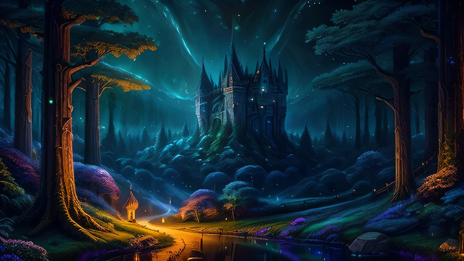 masterpiece, 8k, starry sky, many stars, night view, european castle, picture of a tree with a bridge,  magic tree, magic highly detailed fantasy, Made of trees and a fantastic valley, highly detailed fantasy, fantasy tree, magical world. colorful, detailed dreamscape, cosmic tree of life, fantasy magic plants, magical landscape, magical fantasy forest, Beautifully detailed fantasy, enchanted magical fantasy forest