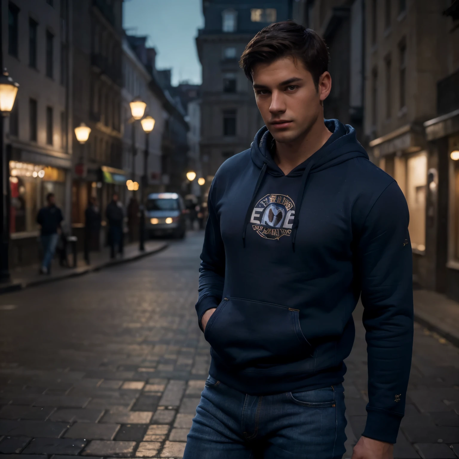 ((Best quality, A high resolution) detailed, Realistic, whole body, Handsome young(((one man))), (European appearance), skin texture, dynamic movement, Jeans,(hoodie), (brunette), great atmosphere, night, hips, blur depth, Danger, Photography 8k, lamps, muffled light, street, complex background