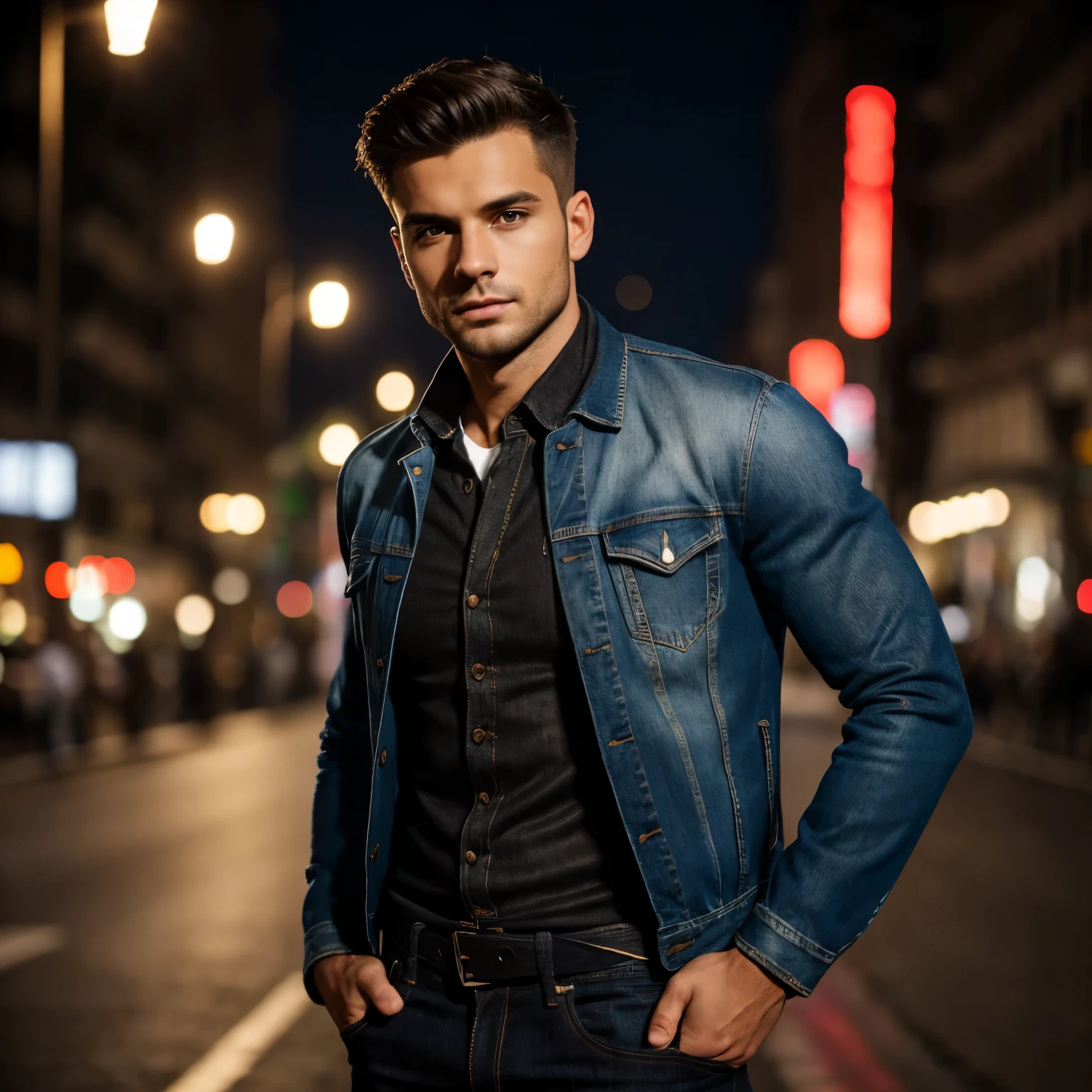 ((Best quality, A high resolution) detailed, Realistic, whole body, Handsome young(((one man))), (European appearance), skin texture, dynamic movement, Jeans, Dark jacket, (brunette), great atmosphere, night, hips, blur depth, Danger, Photography 8k, lamps, muffled light, street, complex background
