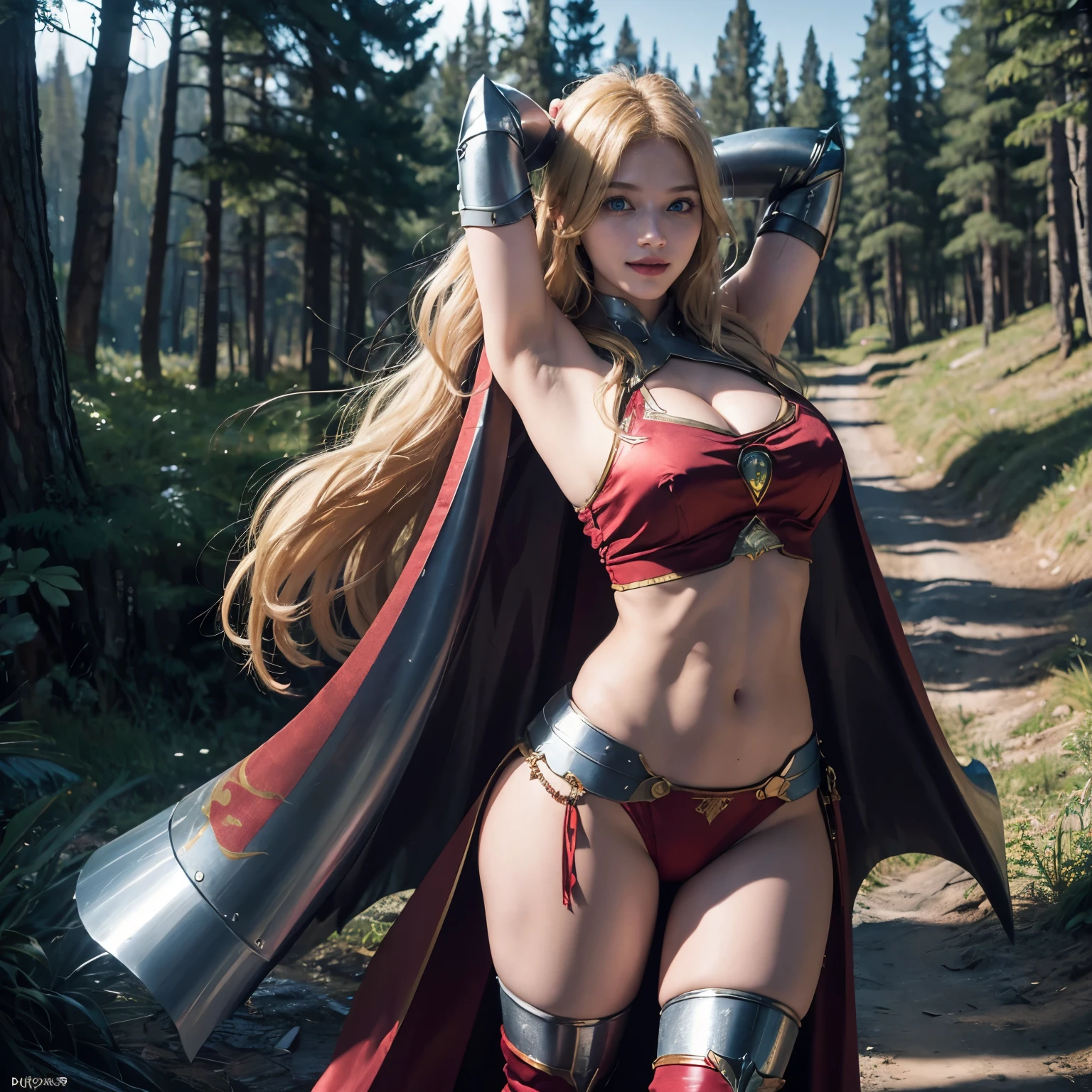 1girl, (Blue Eyes), (smiling :1.2), (Sana Minatozaki), wide hips, Big tits, big ass, (Best Quality, 8k, Masterpiece: 1.3), Clear Focus: 1.2, Perfect Body Beauty: 1.4, strong abs, Highly detailed face and skin texture, detailed eyes, double eyelids, muscular arms and legs :1.3, (blond long hair :1.1), skyrim, armor, shoulder armor, shoulder pads of steel, elbow pads of steel, greaves of steel, (red silk cape :1.2), standing, (arms up :1.2), in a pine forest, mountains in the background
