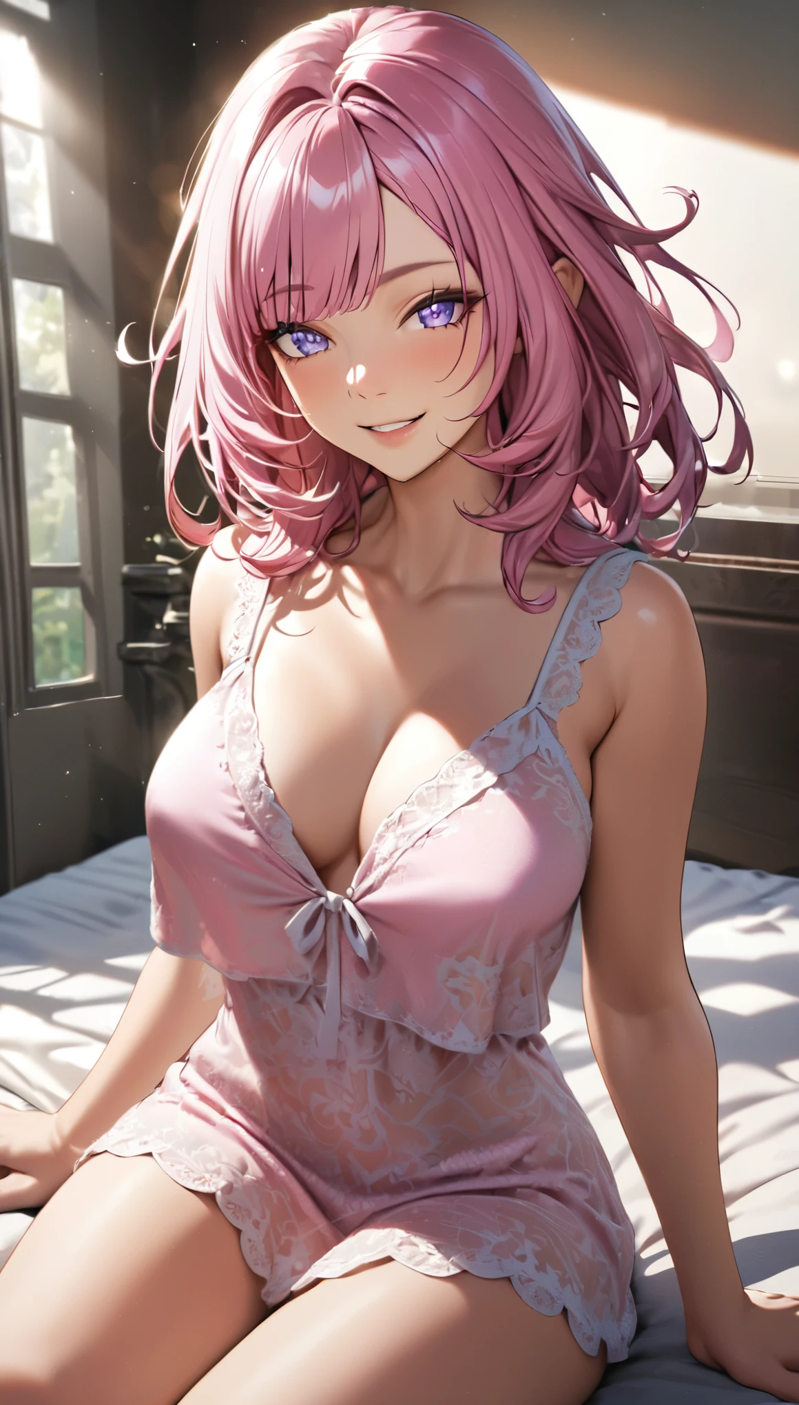 Elysia, ((pink hair)), fox ears,beautiful face,smiling,close up to hips, moderate breast,sitting on a bed,wearing pink negligee, (open mouth:0.4),illustration,detailed textures,ultra-detailed(realistic:0.4),portrait style,vivid colors,soft lighting. mature, no bra