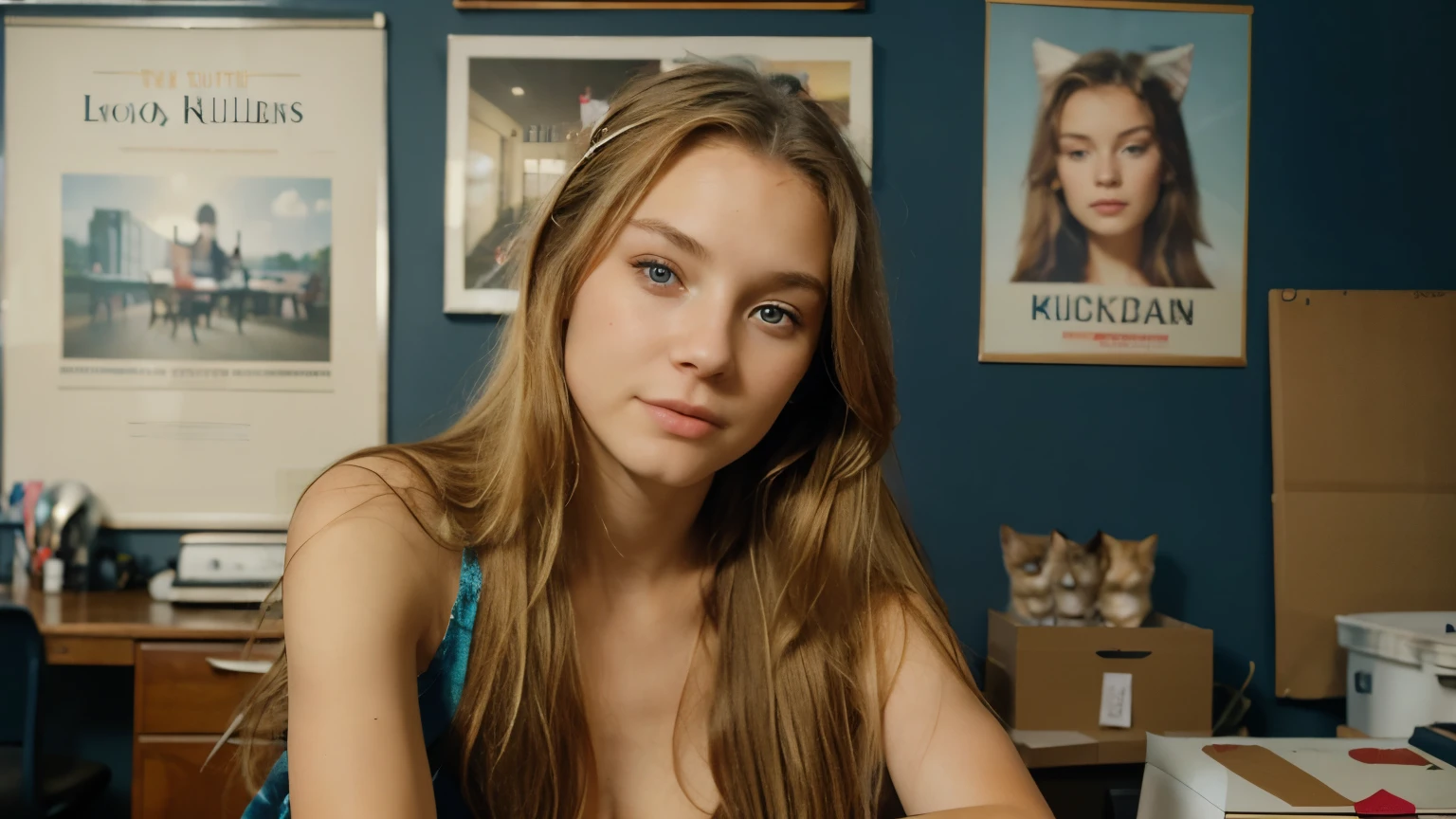 Real photo, Kodak 400 quality. Facing the camera sits, Young beautiful slender 20-year-old girl, long hair, blonde, blue eyes, nose slightly up, sits at a table in the studio room, the table office, in the background on the wall hangs a lot of posters with cats, kittens.