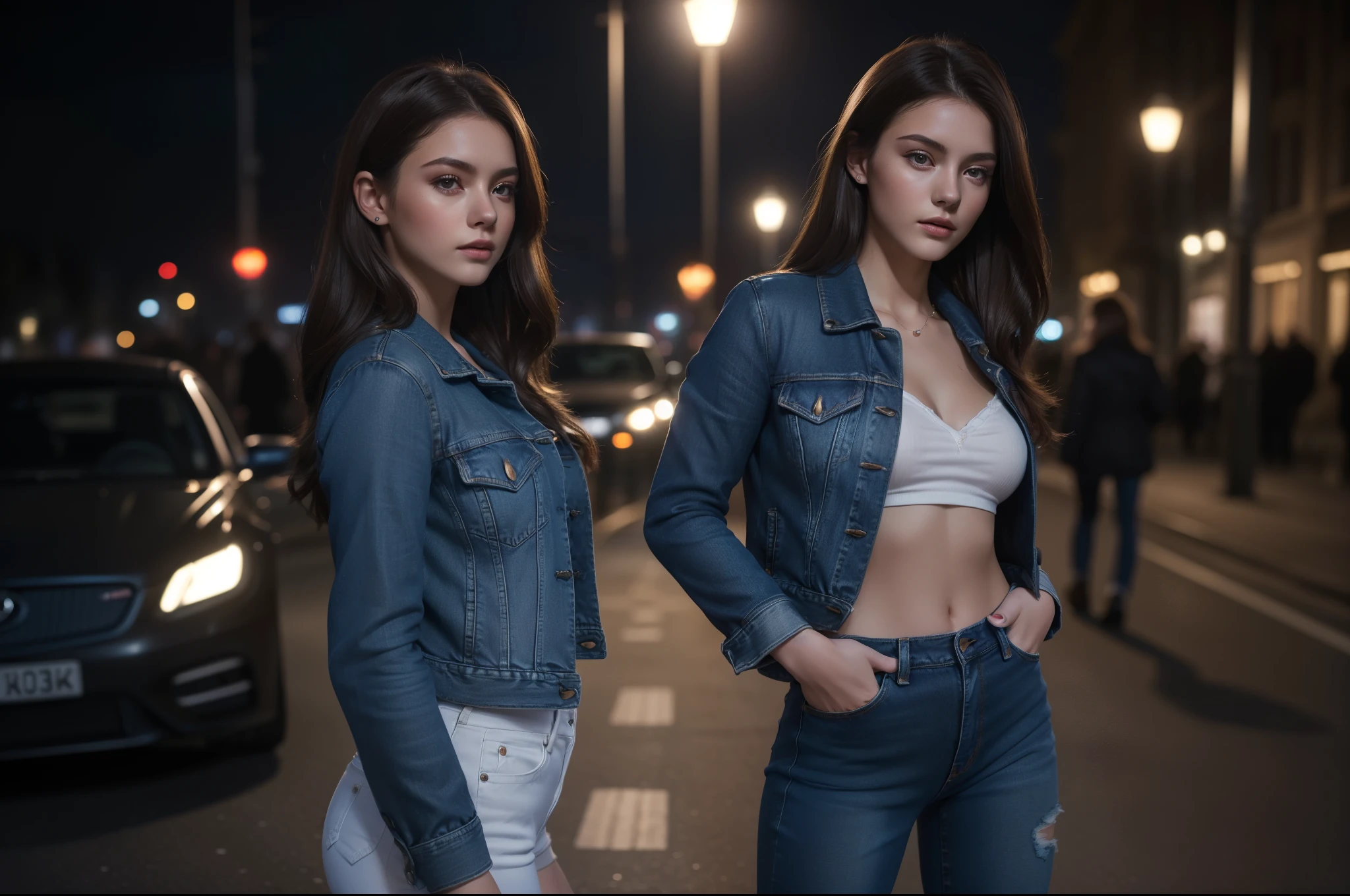 ((Best quality, A high resolution) detailed, Realistic, whole body, Beautiful young ((one)) Young woman, pearl skin, (European appearance), skin texture, blue jeans, Dark jacket, (brunette), great atmosphere, night, hips, blur depth, Photography 8k, lamps, muffled light, street, cars dynamic action,