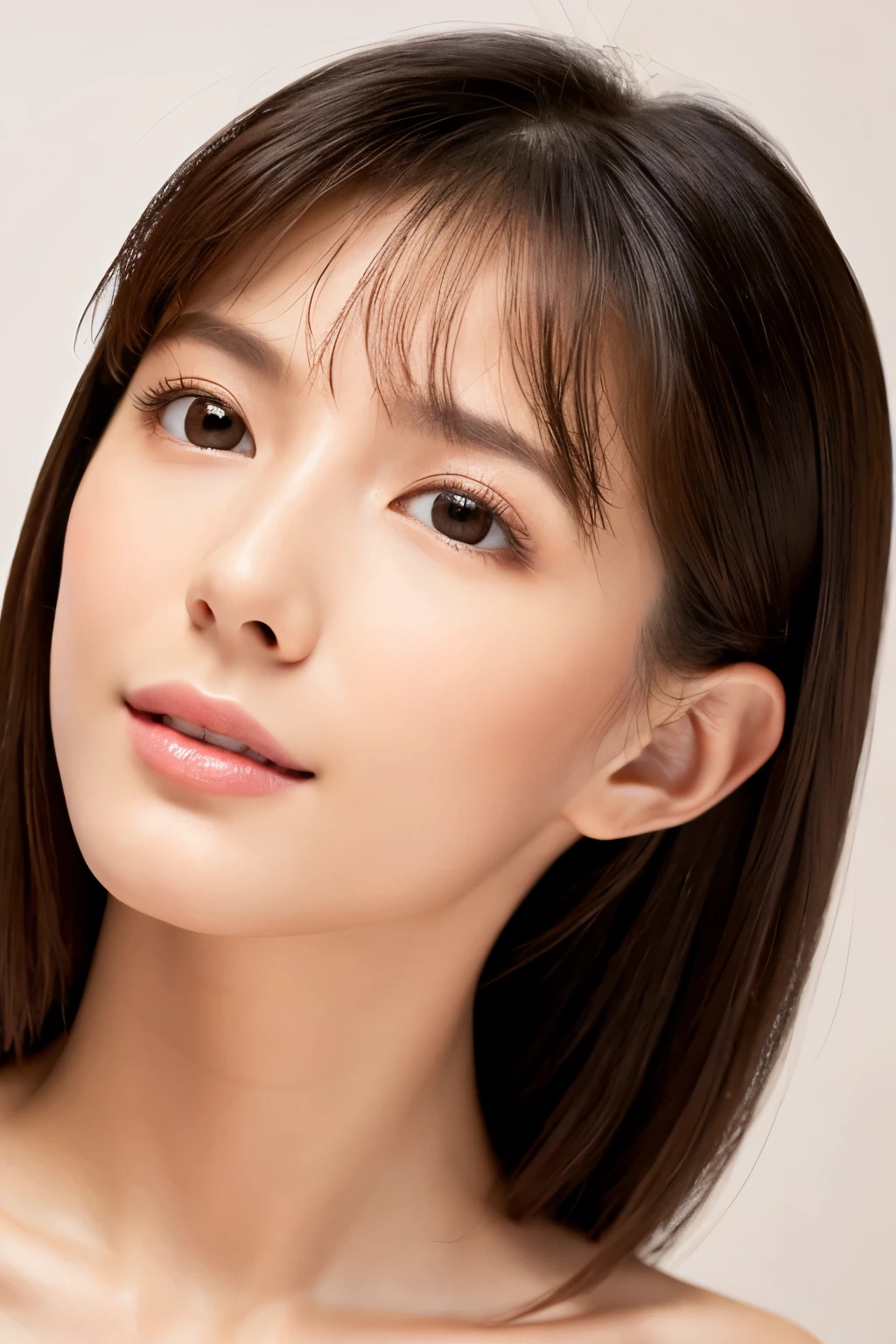 ((masterpiece, top quality, high definition)), 1 girl, (photorealistic: 1.4), solo, white background, snow-white background, mouth closed, happy smile, pretty black hair, short hair, big eyes, clear double eyelids, eyelashes, ears out, absolute area, ((face close-up)), (drawing all head, shoulders), 30 years old, Attractive proportions, glossy skin, clean collarbone, face in golden proportion, perfect face, teardrop mole, mole on chest, bangs, clean bangs, beautiful bangs, lip gloss, thin lips, pale skin, naked, small breasts, small face, head all drawn, shoulders all drawn, staring at the camera slightly upwards