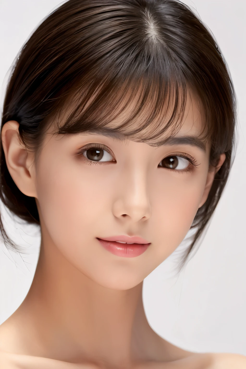 ((masterpiece, top quality, high definition)), 1 girl, (photorealistic: 1.4), solo, white background, snow-white background, mouth closed, happy smile, pretty black hair, short hair, big eyes, clear double eyelids, eyelashes, ears out, absolute area, ((face close-up)), (drawing all head, shoulders), 30 years old, Attractive proportions, glossy skin, clean collarbone, face in golden proportion, perfect face, teardrop mole, mole on chest, bangs, clean bangs, beautiful bangs, lip gloss, thin lips, pale skin, naked, small breasts, small face, head all drawn, shoulders all drawn, staring at the camera slightly upwards