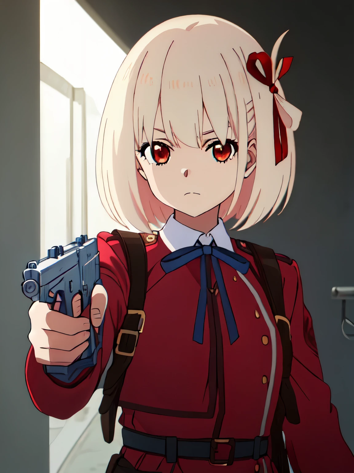 best quality, masterpiece, highres, solo, {nishikigi_chisato_lycorisrecoil:1.15}, short_hair, bangs, blonde_hair, red_eyes, ribbon, hair_ribbon, red_ribbon, bob_cut, closed_mouth, neck_ribbon, blue_ribbon, 1girl, gun, handgun, holding, holding_gun, holding_weapon, m1911, weapon, lycoris_uniform, red_dress, upper_body, dress, looking_at_viewer, aiming